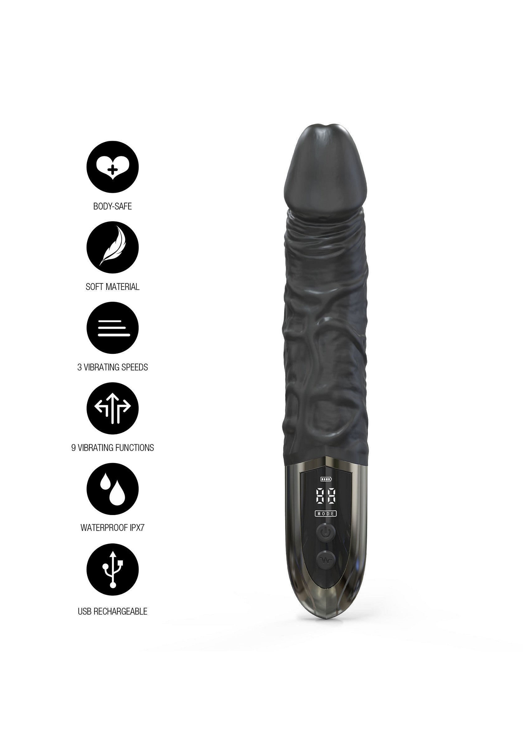 Vibromasseur réaliste noir. 3 vitesses, 9 fonctions, étanche IPX7 et rechargeable par USB. Sûr pour le corps et doux au toucher.; Zwarte realistische vibrator. 3 snelheden, 9 functies, IPX7 waterdicht en USB oplaadbaar. Lichaamsveilig en zacht materiaal.; Black realistic vibrator. 3 speeds, 9 functions, IPX7 waterproof and USB rechargeable. Body-safe and soft material.