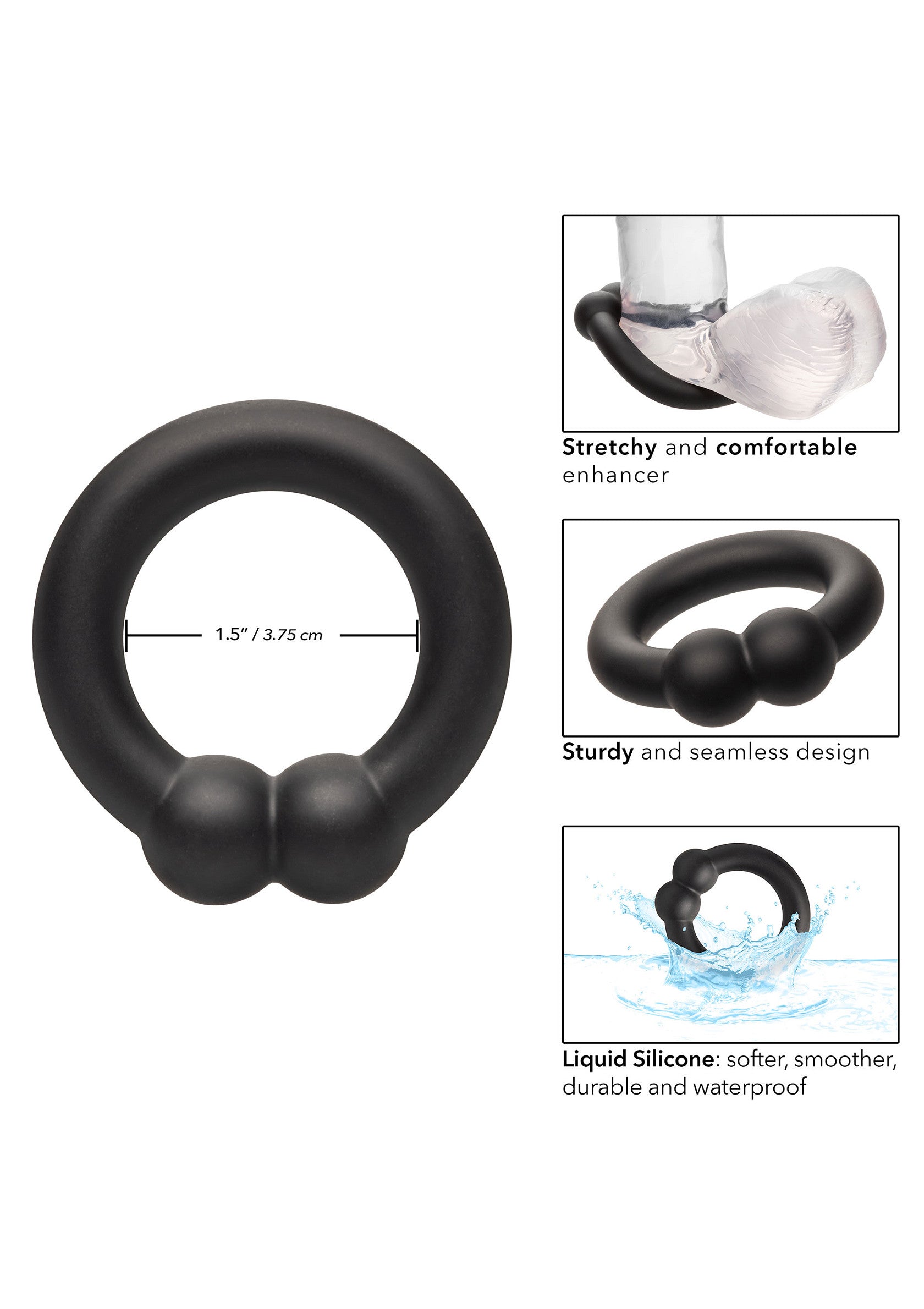Anneau pénien noir en silicone liquide. Souple, confortable et durable. Améliorez votre plaisir avec cet accessoire étanche.; Zwarte penisring van vloeibare siliconen. Flexibel, comfortabel en duurzaam. Verbeter uw plezier met dit waterdichte accessoire.; Black liquid silicone cock ring. Stretchy, comfortable, and durable. Enhance your pleasure with this waterproof accessory.