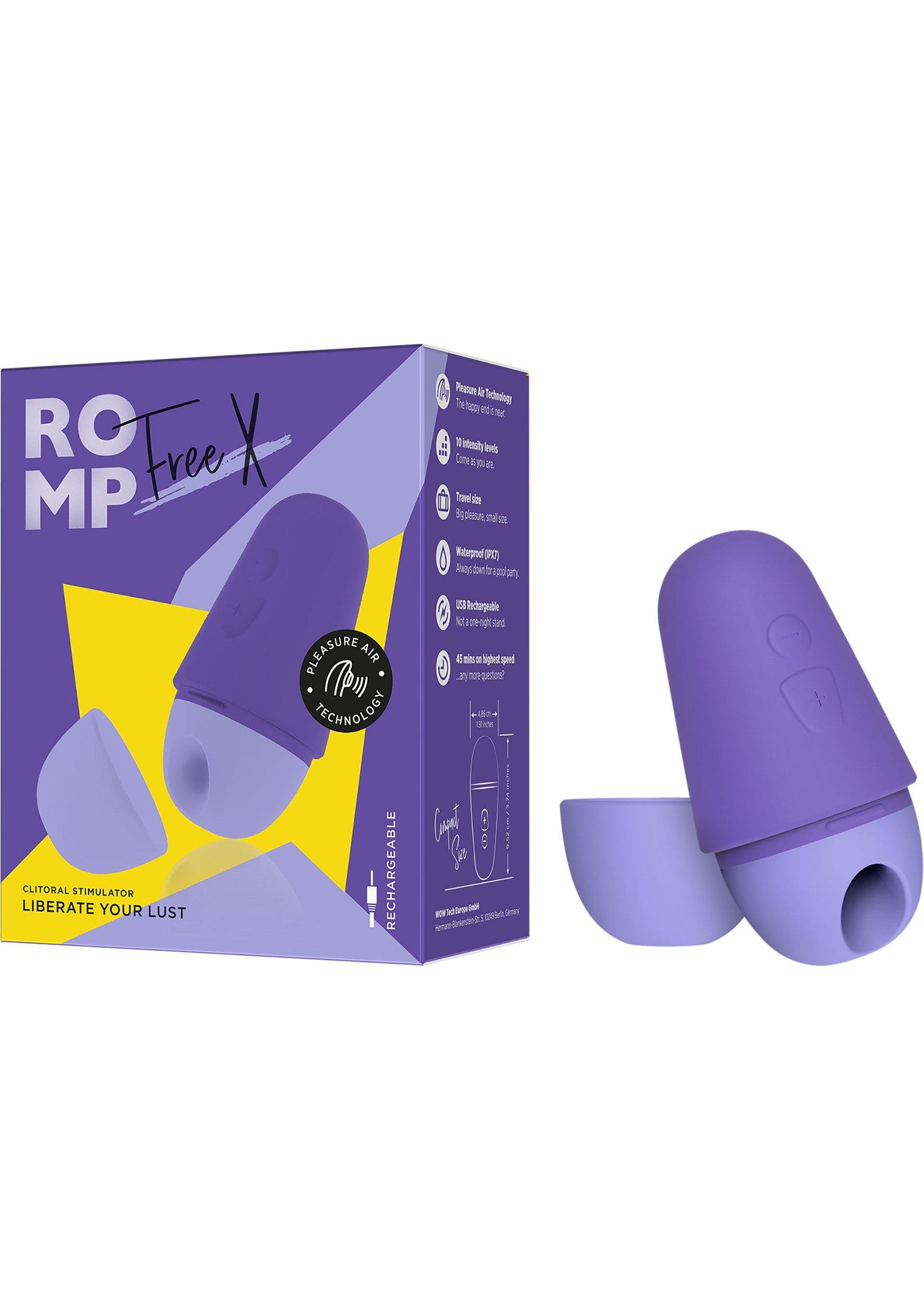 Romp Free X stimulateur clitoridien violet rechargeable avec technologie Pleasure Air. ; Romp Free X paarse clitorisstimulator oplaadbaar met Pleasure Air-technologie. ; Romp Free X purple clitoral stimulator rechargeable with Pleasure Air Technology. 