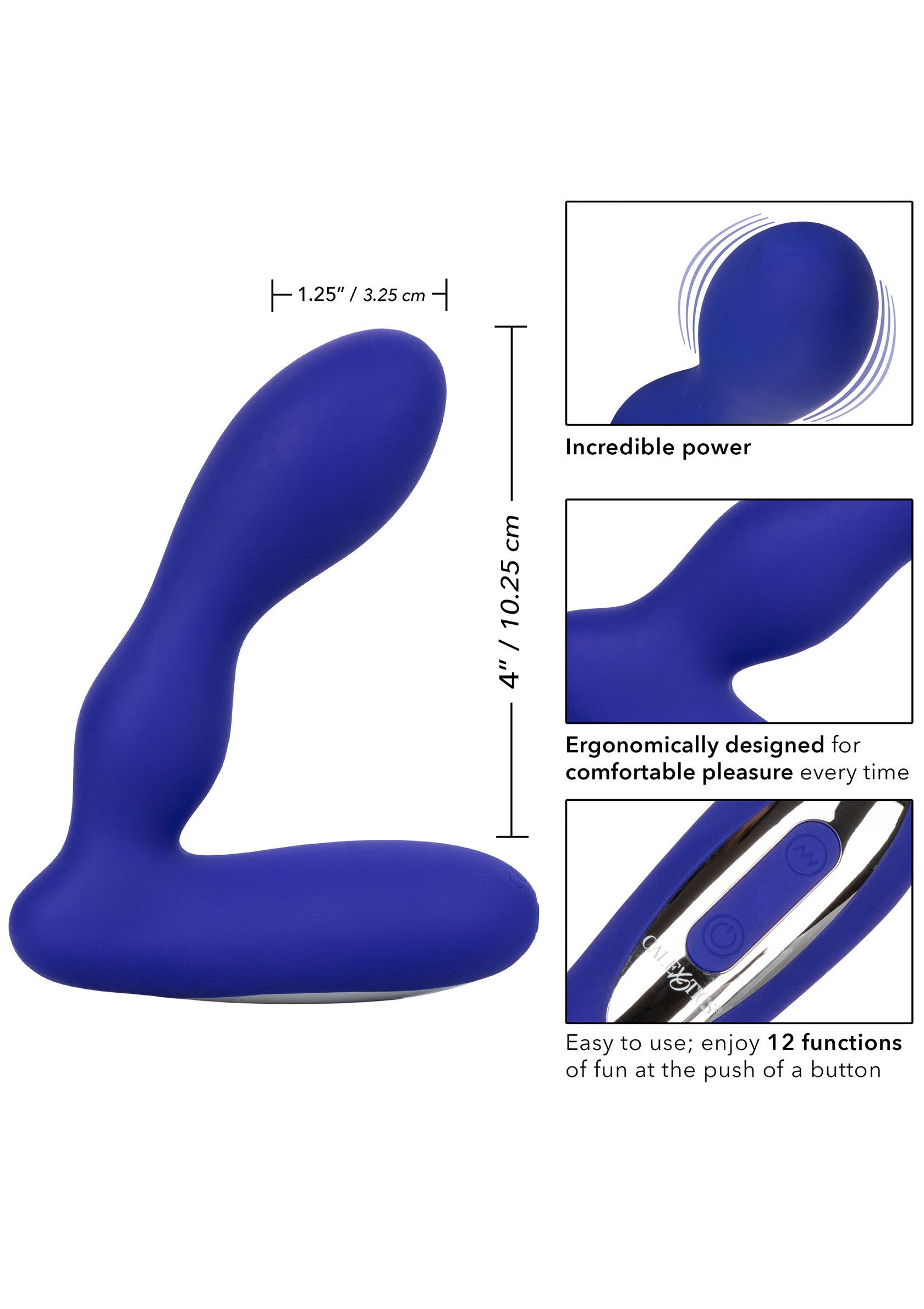 Vibromasseur vibrant bleu, ergonomique, 12 fonctions pour un plaisir intense. Dimensions indiquées.; Blauwe vibrerende vibrator, ergonomisch, 12 functies voor intens plezier. Afmetingen weergegeven.; Blue vibrating vibrator, ergonomic, 12 functions for intense pleasure. Dimensions shown.