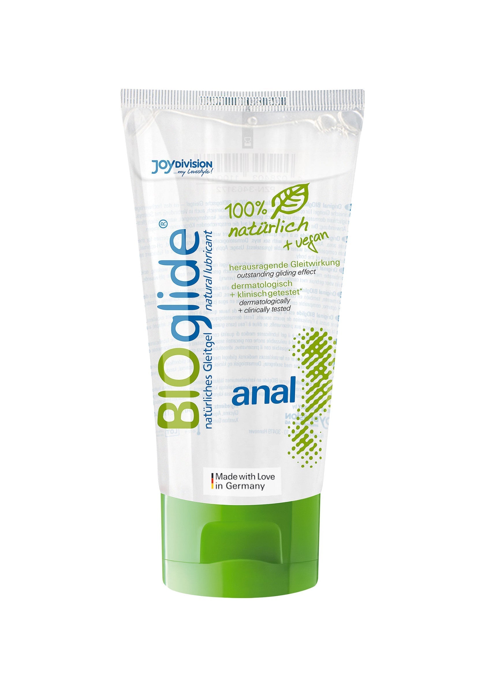 Lubrifiant anal BioGlide 100% naturel et vegan pour une sensation douce et soyeuse. Fabriqué en Allemagne.; BioGlide anaal glijmiddel 100% natuurlijk en vegan voor een zacht en soepel gevoel. Gemaakt in Duitsland.; BioGlide anal lubricant 100% natural & vegan for a smooth, silky sensation. Made in Germany.