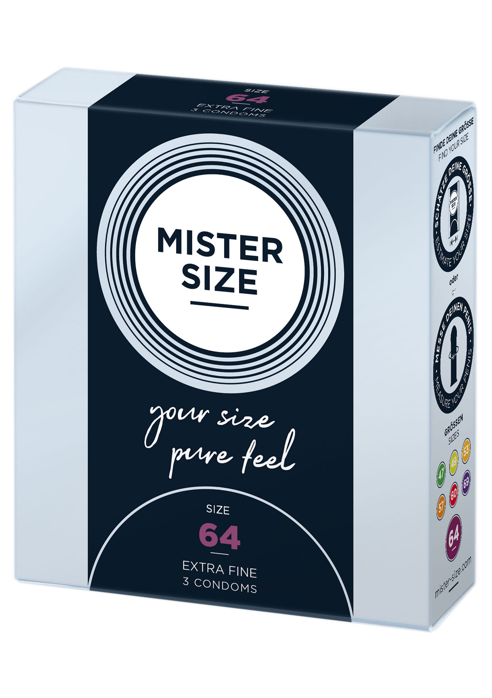 Préservatifs Mister Size 64. Extra fins, pour une sensation naturelle et une protection optimale. Votre taille, votre plaisir.; Mister Size 64 condooms. Extra dun, voor een natuurlijk gevoel en optimale bescherming. Jouw maat, jouw plezier.; Mister Size 64 condoms. Extra fine for a natural feel and optimal protection. Your size, your pleasure.