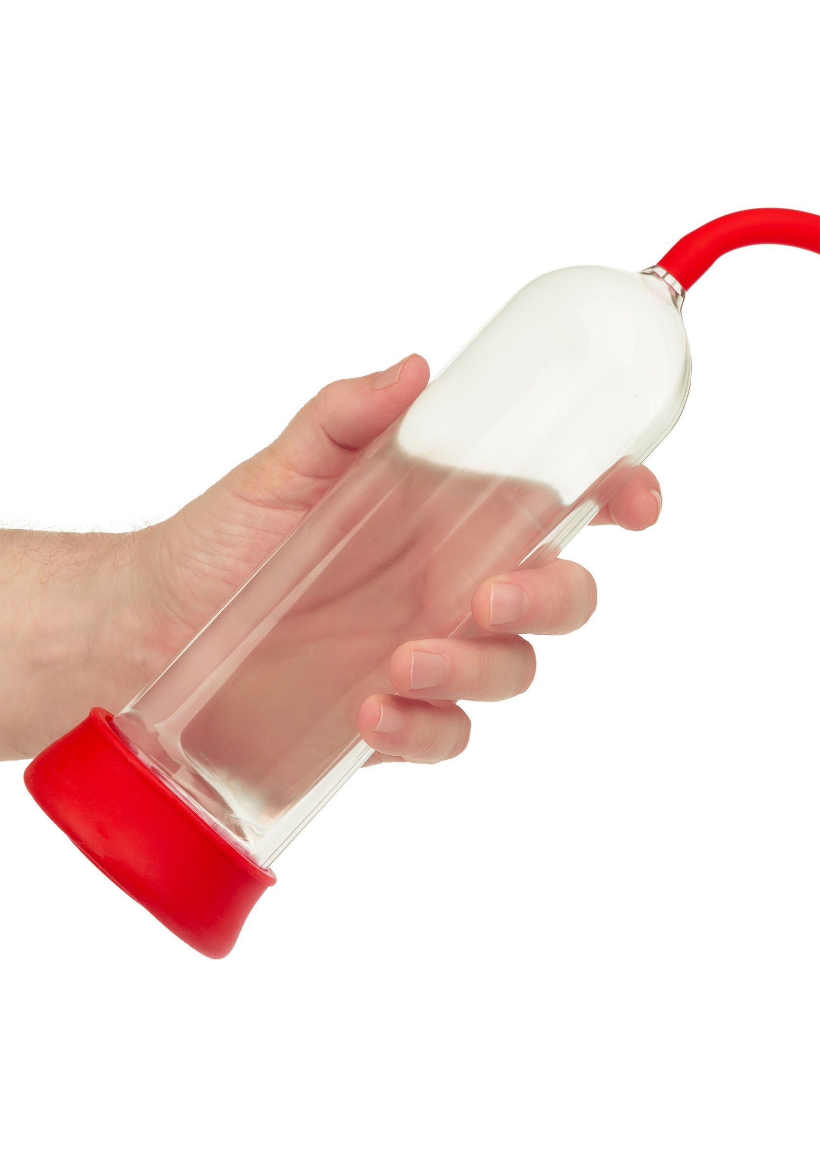 Pompe à pénis avec tube transparent et poignée rouge. Améliore la circulation sanguine pour une érection plus ferme.; Penispomp met transparante buis en rode handgreep. Verbetert de bloedcirculatie voor een stevigere erectie.; Penis pump with clear tube and red handle. Improves blood flow for a firmer erection.