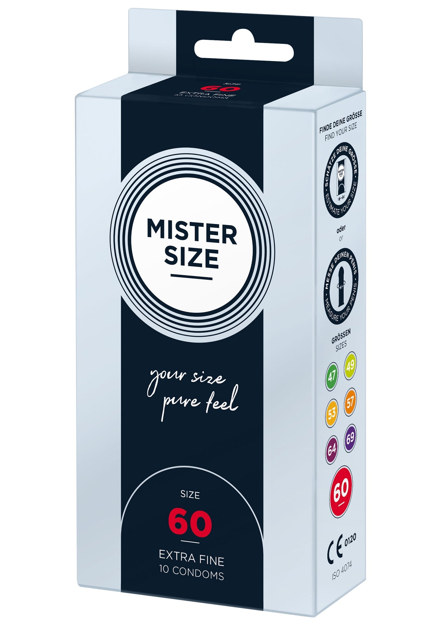 Préservatifs Mister Size taille 60. Extra fins pour un confort optimal. 10 condoms.; Mister Size condooms maat 60. Extra fijn voor optimaal comfort. 10 condooms.; Mister Size condoms size 60. Extra fine for optimal comfort. 10 condoms.