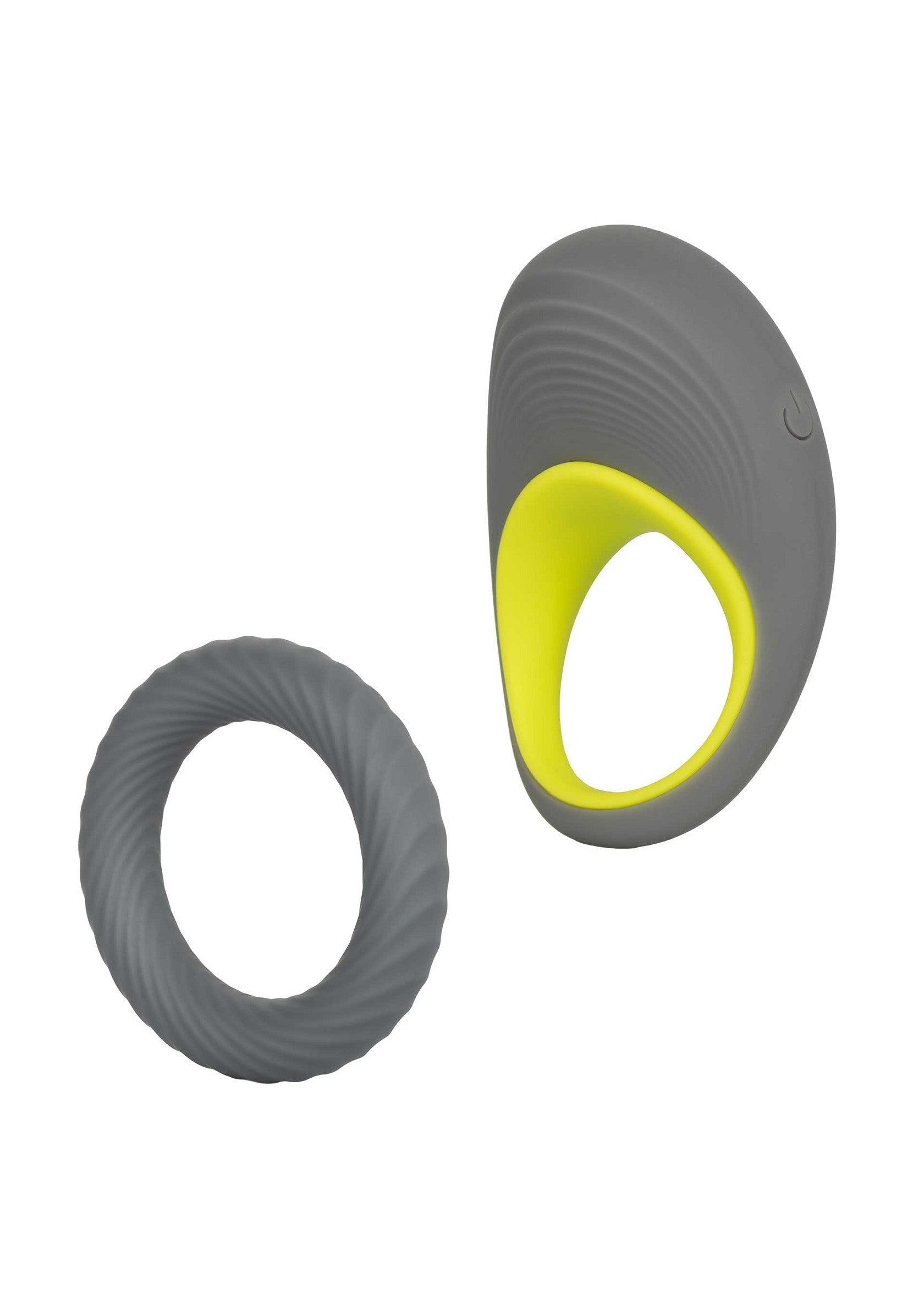 Anneau vibrant gris et jaune pour plus de plaisir et d'intensité.; Grijze en gele vibrerende ring voor meer plezier en intensiteit.; Grey and yellow vibrating ring for more pleasure and intensity.