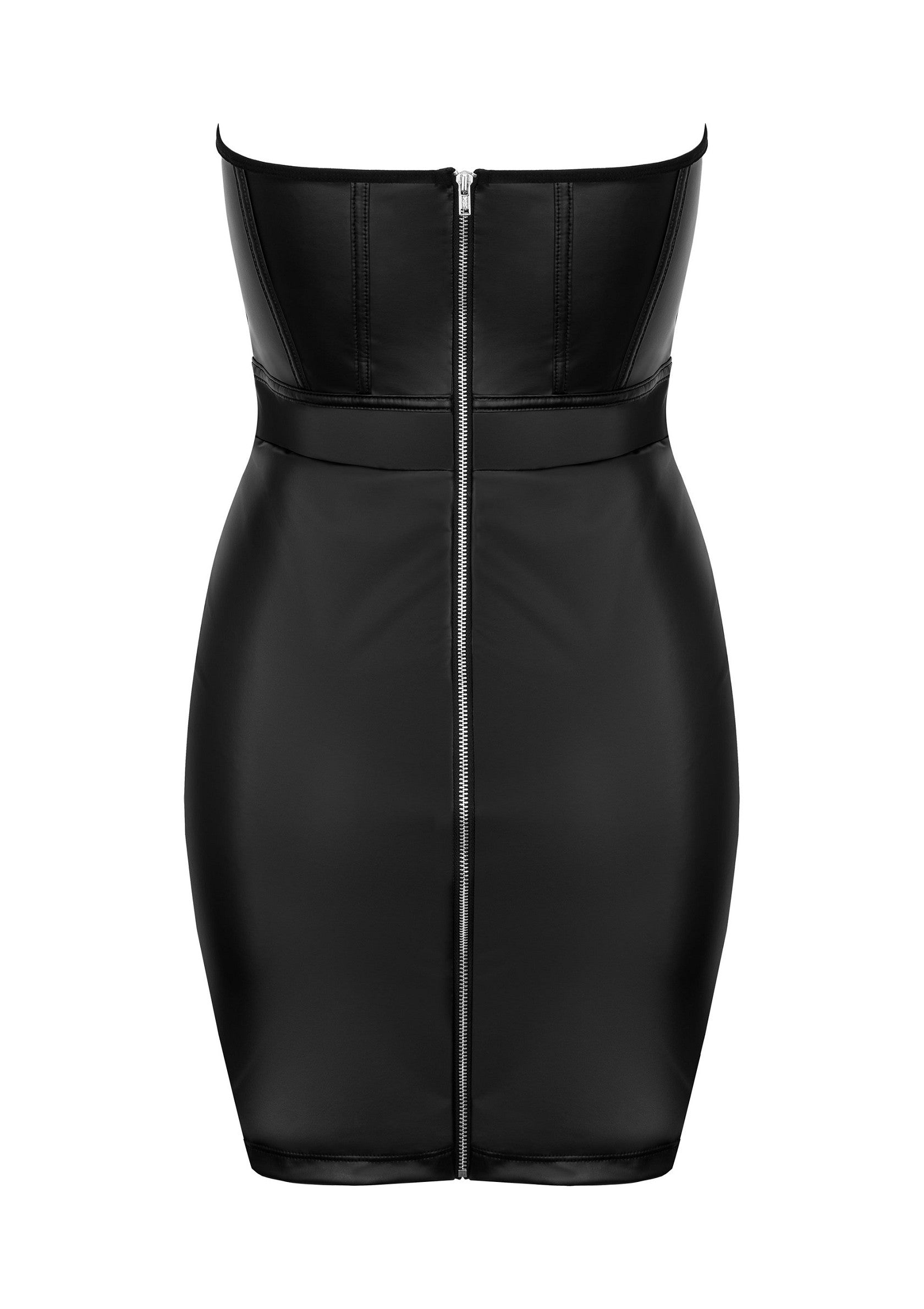 Robe moulante noire en simili cuir avec fermeture éclair au dos. Sexy et élégante.; Zwarte bodycon-jurk in imitatieleer met ritssluiting op de rug. Sexy en elegant.; Black faux leather bodycon dress with zip-up back. Sexy and stylish.