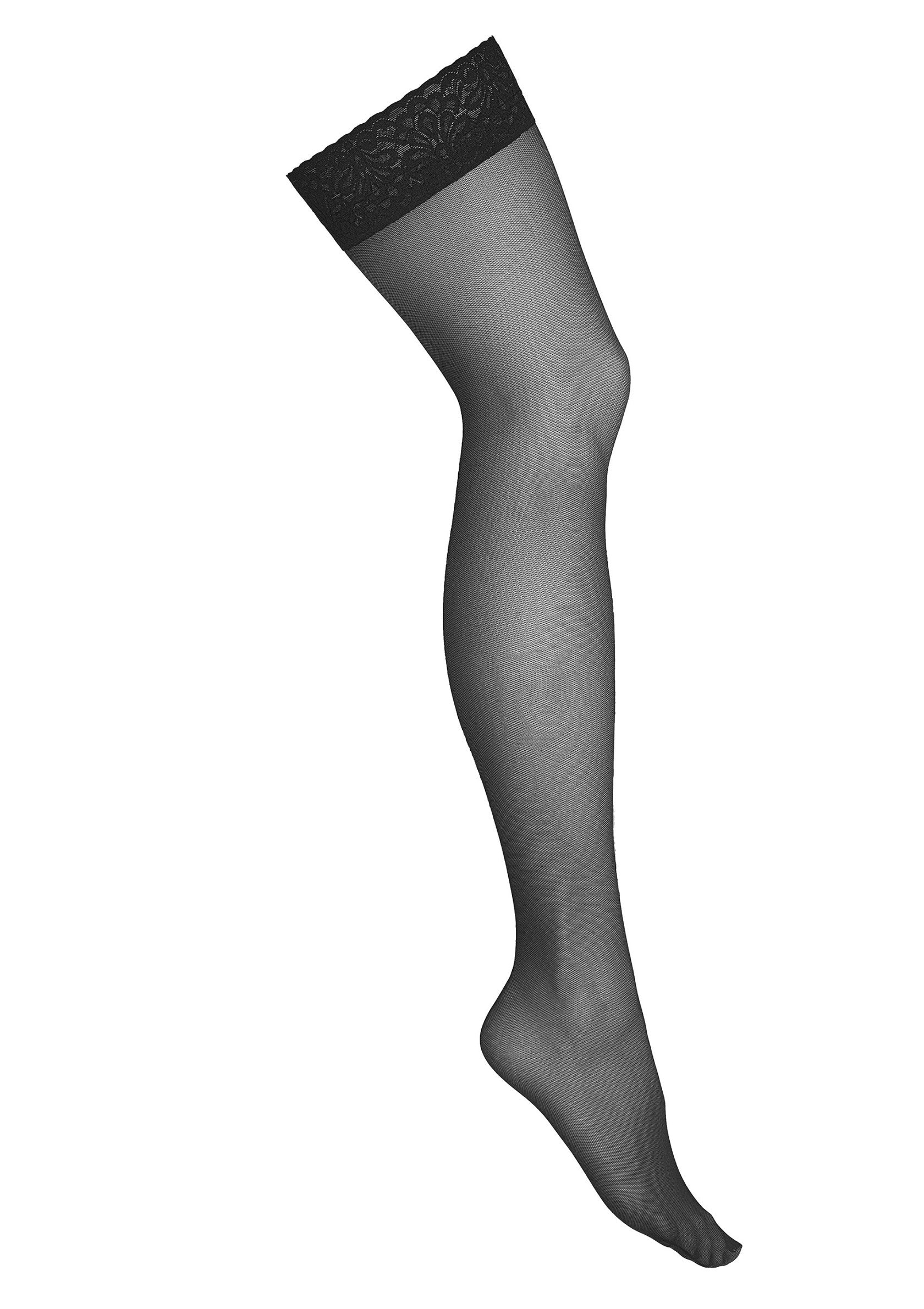 Bas autofixants noirs avec bordure en dentelle, élégants et confortables.; Zwarte kousenbanden met kanten rand, elegant en comfortabel.; Black stay-up stockings with lace trim, elegant and comfortable.