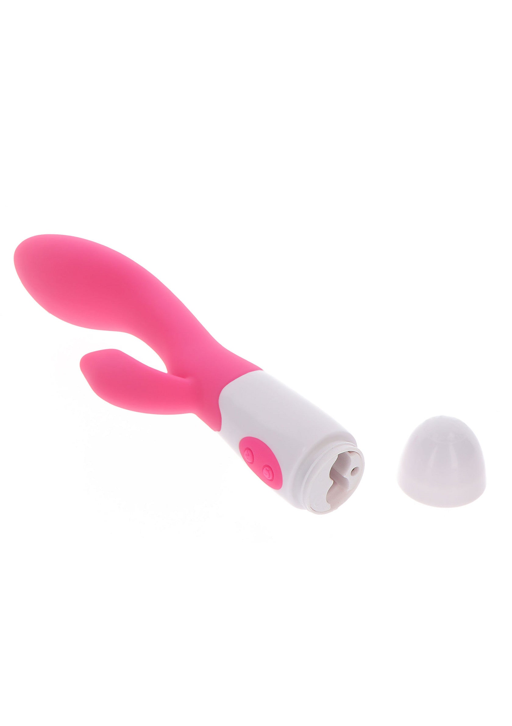 Vibromasseur rose et blanc pour le plaisir féminin. Stimulateur clitoridien double, idéal pour l'exploration et la satisfaction personnelle.; Roze en witte vibrator voor vrouwelijk genot. Dubbele clitorisstimulator, ideaal voor verkenning en persoonlijke bevrediging.; Pink & white vibrator for women's pleasure. Dual clitoral stimulator, ideal for exploration & personal satisfaction.