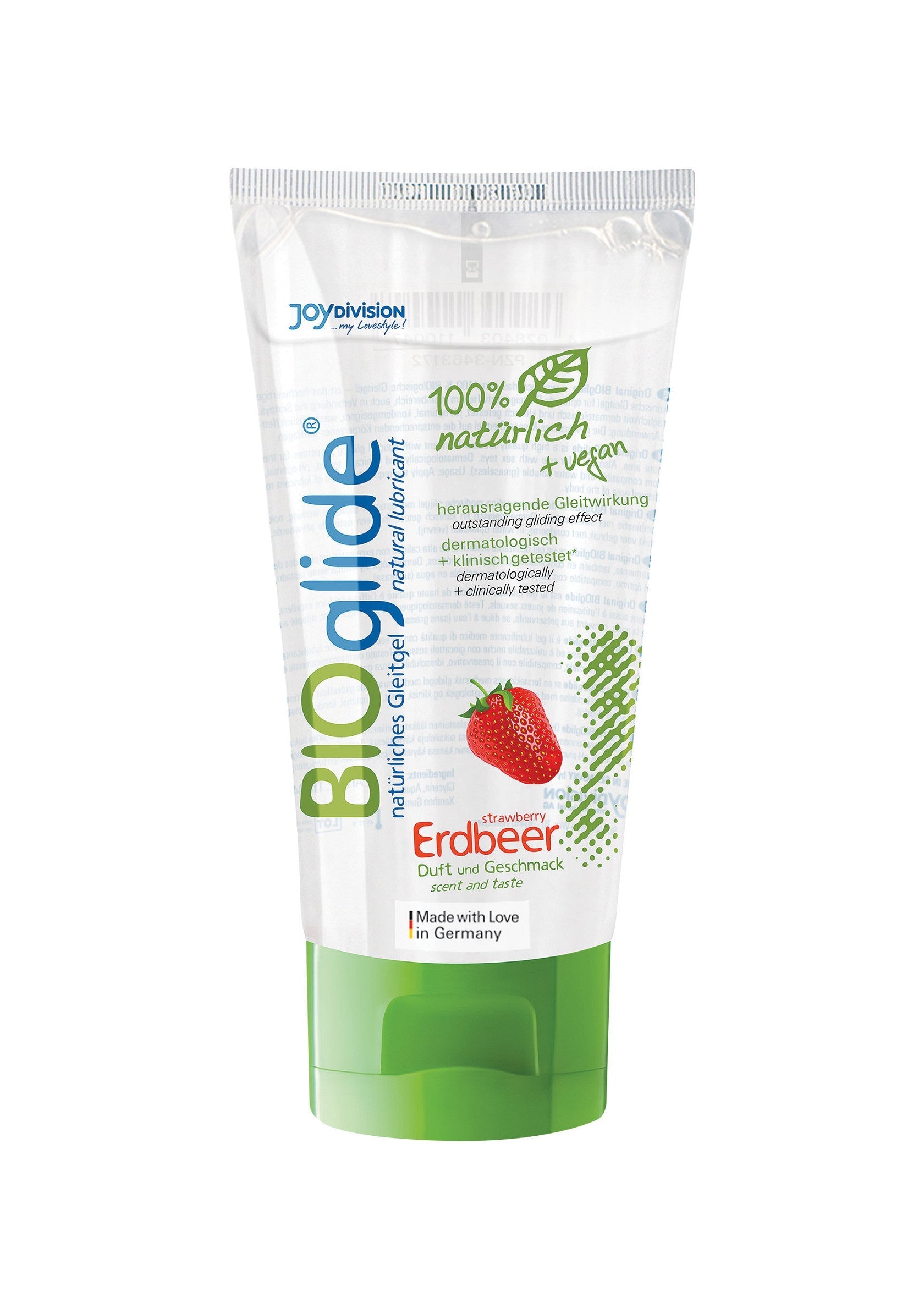 BioGlide lubrifiant naturel vegan, parfum fraise. Idéal pour des moments intimes doux et respectueux de la peau.; BioGlide natuurlijk glijmiddel vegan met aardbeiengeur. Ideaal voor zachte en huidvriendelijke intieme momenten.; BioGlide natural vegan lubricant with strawberry scent. Ideal for gentle and skin-friendly intimate moments.