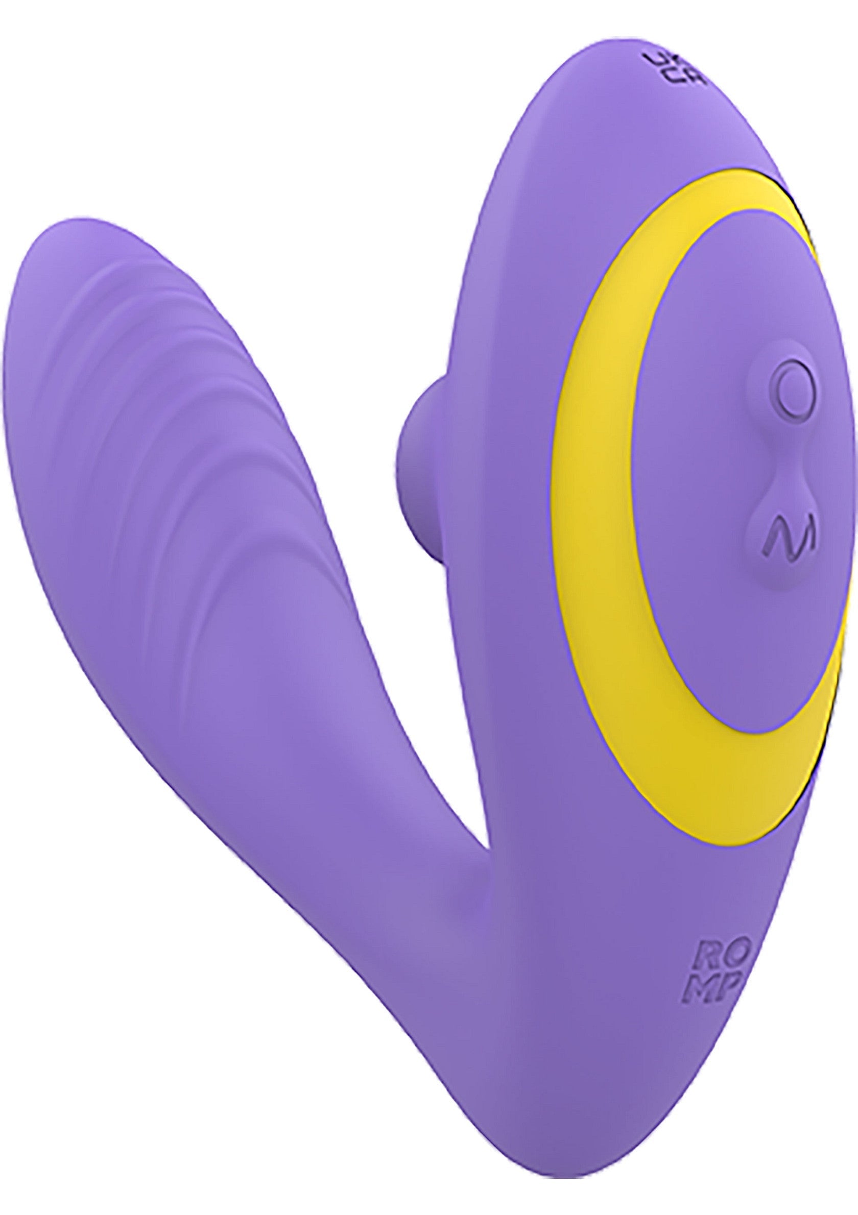 Vibromasseur double ROMP™ Spot On pour le plaisir ciblé. Design ergonomique violet et jaune. Stimulation intense.; ROMP™ Spot On dubbele vibrator voor gerichte stimulatie. Ergonomisch ontwerp in paars en geel. Intense prikkeling.; ROMP™ Spot On double vibrator for targeted pleasure. Ergonomic design in purple and yellow. Intense stimulation.