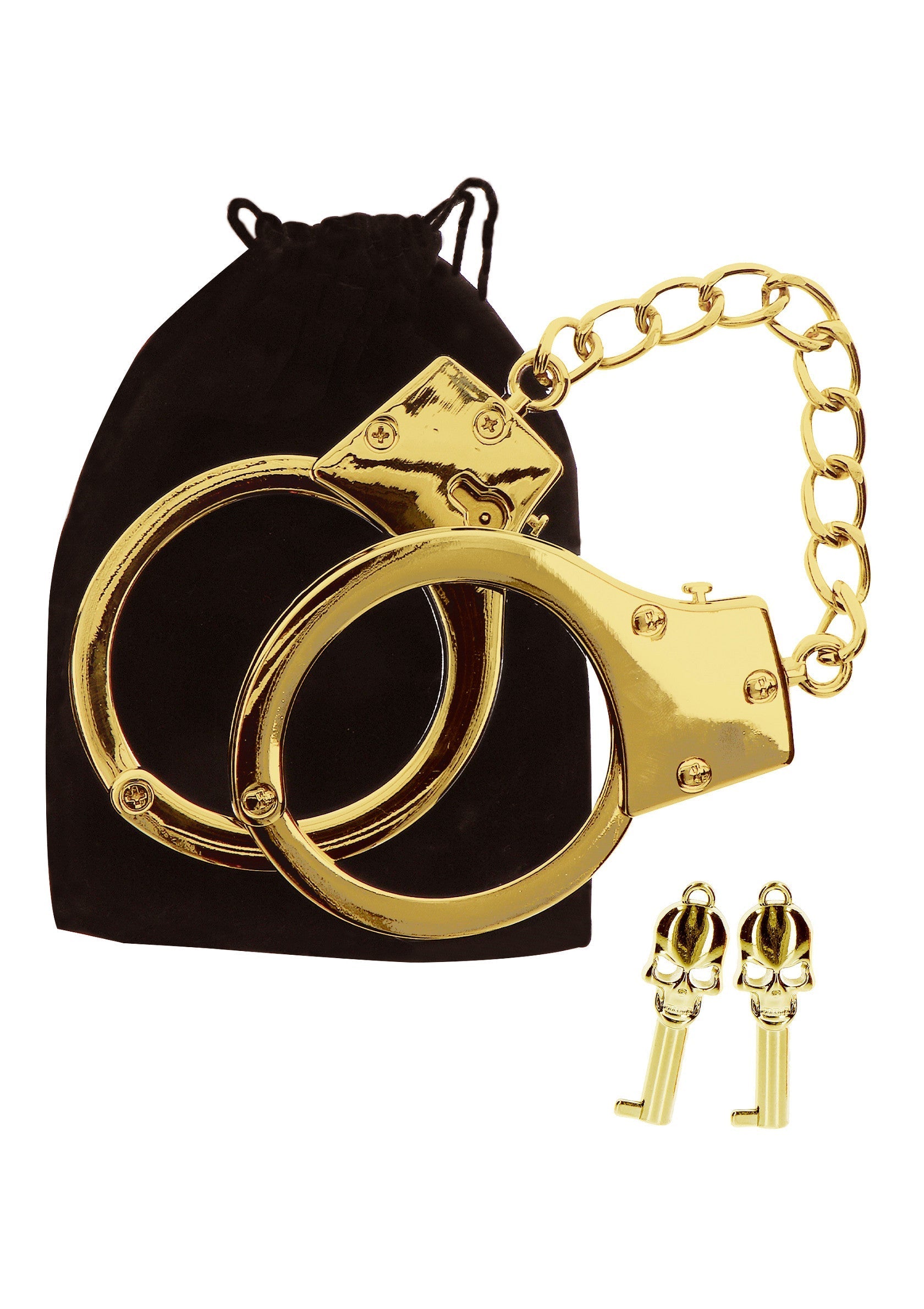 Menottes dorées de luxe avec sac et clés. Accessoire amusant et original pour pimenter vos soirées.; Luxe gouden handboeien met zak en sleutels. Een leuk en origineel accessoire om je avonden mee op te fleuren.; Luxury golden handcuffs with bag and keys. Fun and original accessory to spice up your evenings.