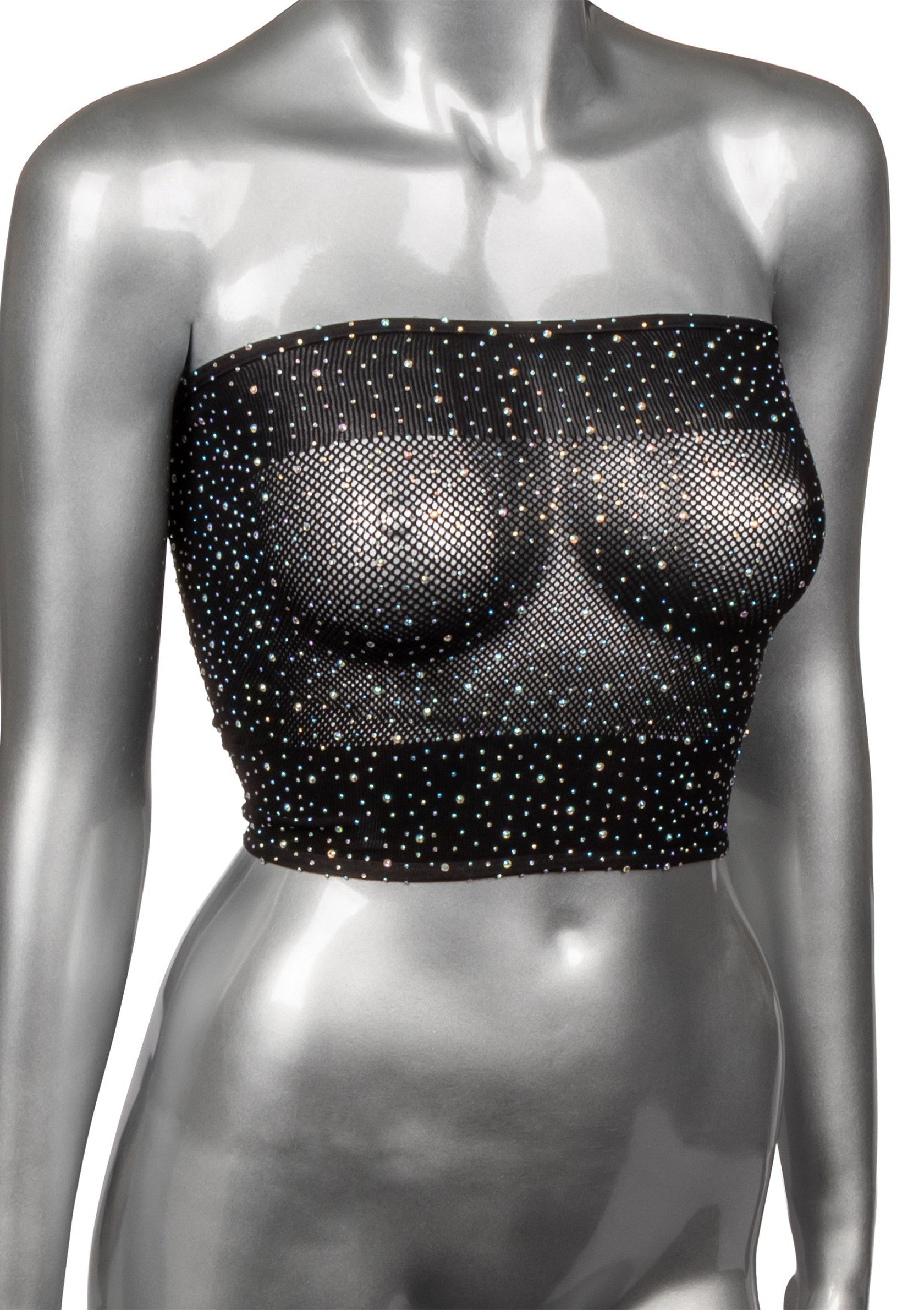 Bustier noir scintillant à strass, parfait pour une soirée glamour ou un look audacieux.; Glitterende zwarte bandeau top met strass steentjes, perfect voor een glamoureuze avond of een gedurfde look.; Sparkly rhinestone black tube top, perfect for a glamorous night out or a daring look.