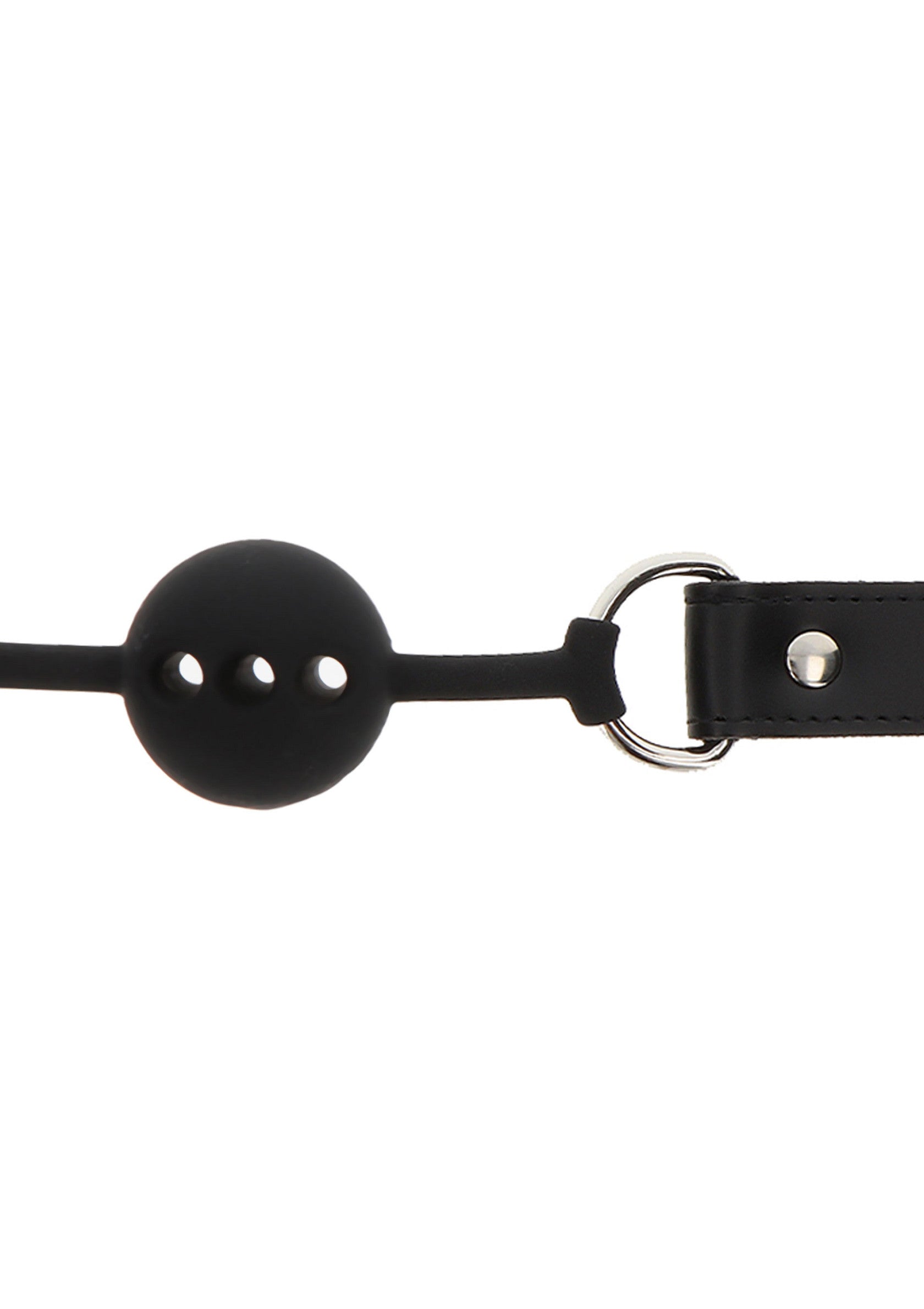 Bâillon à bille en silicone noir avec sangle en cuir réglable pour jeux coquins.; Zwarte siliconen bal knevel met verstelbare lederen band voor ondeugende spelletjes.; Black silicone ball gag with adjustable leather strap for kinky play.