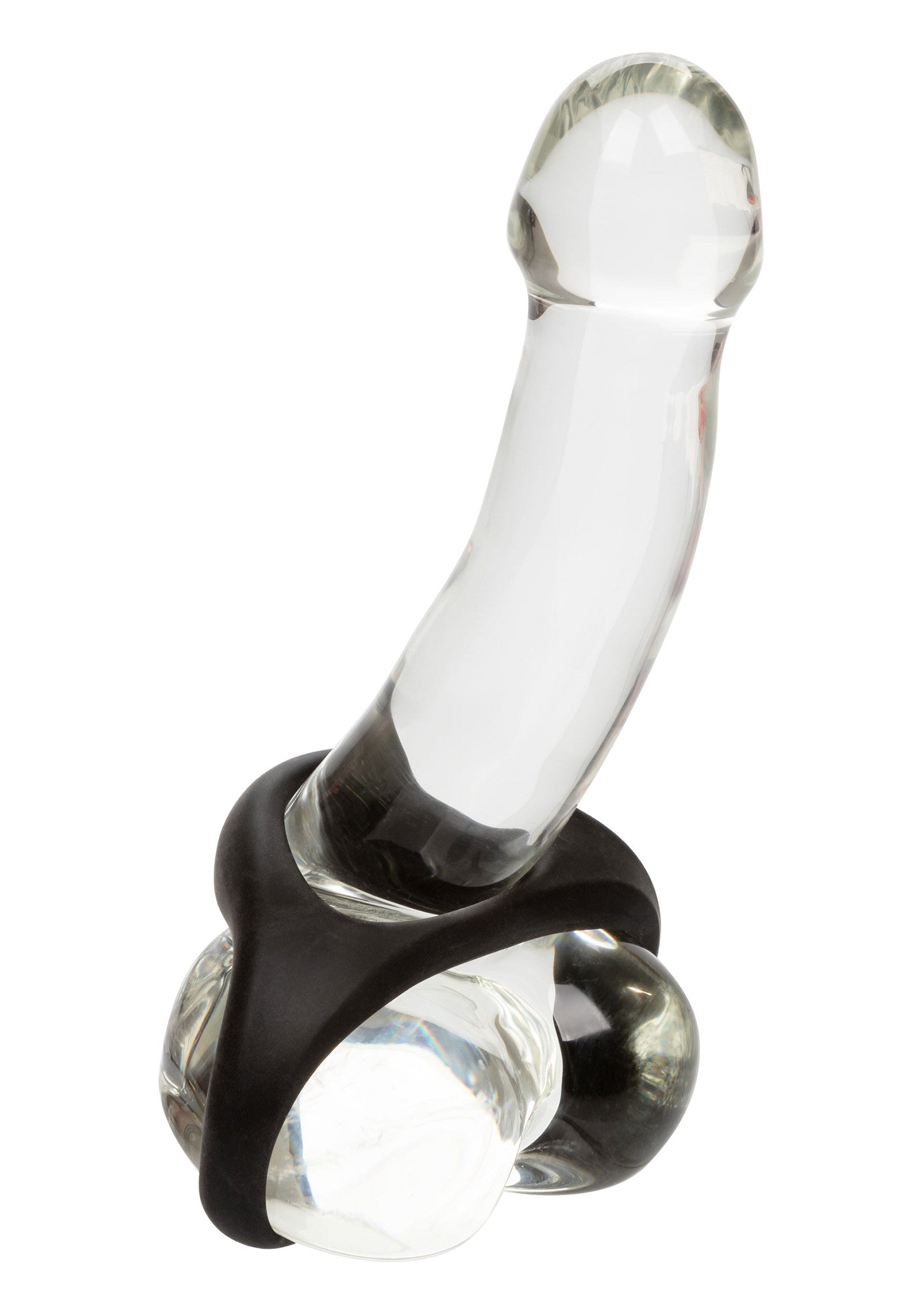 Gode en verre incurvé transparent avec anneau de maintien noir pour plus de plaisir et de sécurité.; Transparante gebogen glazen dildo met zwarte steunring voor meer plezier en veiligheid.; Clear curved glass dildo with black support ring for added pleasure and security.
