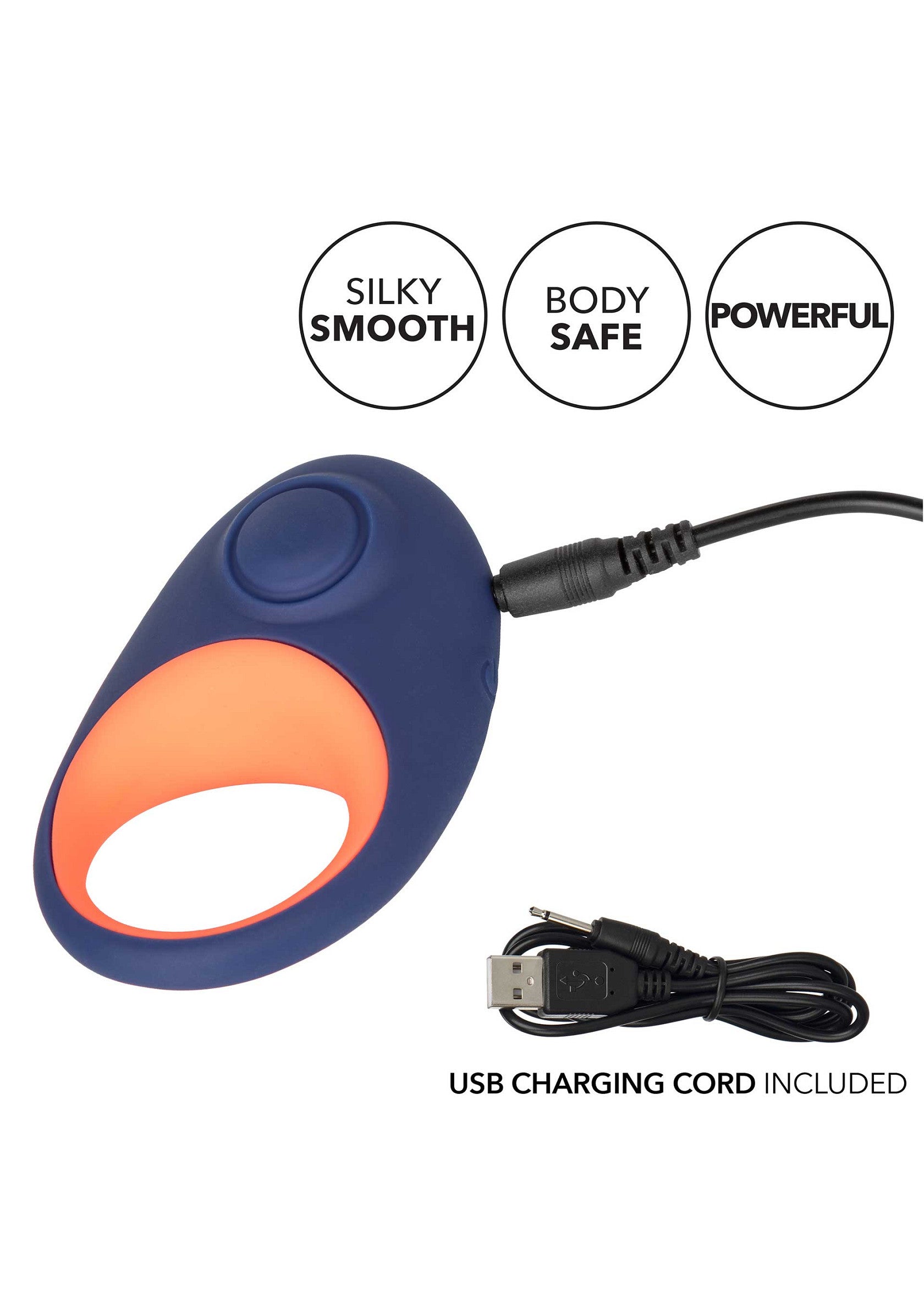 Masseur vibrant bleu et orange rechargeable par USB. Doux, sûr pour le corps et puissant.; USB-oplaadbare blauw-oranje vibrerende massager. Zijdezacht, veilig voor het lichaam en krachtig.; USB rechargeable blue and orange vibrating massager. Silky smooth, body safe, and powerful.