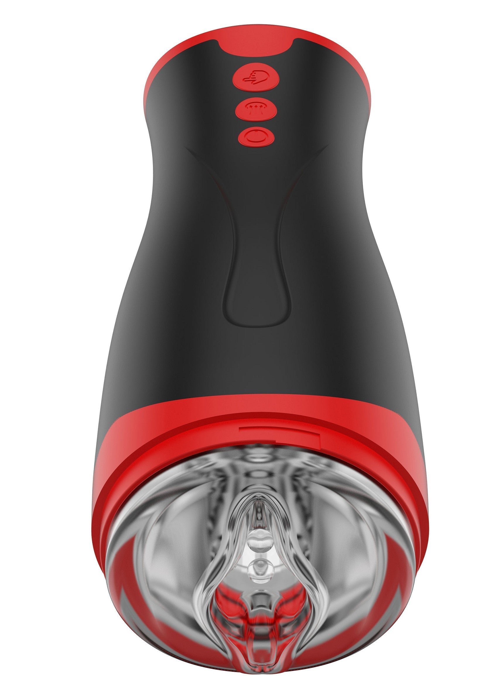 Manchon masturbatoire noir et rouge avec intérieur texturé pour une stimulation intense.; Zwarte en rode masturbatie sleeve met getextureerde binnenkant voor intense stimulatie.; Black and red masturbation sleeve with textured interior for intense stimulation.