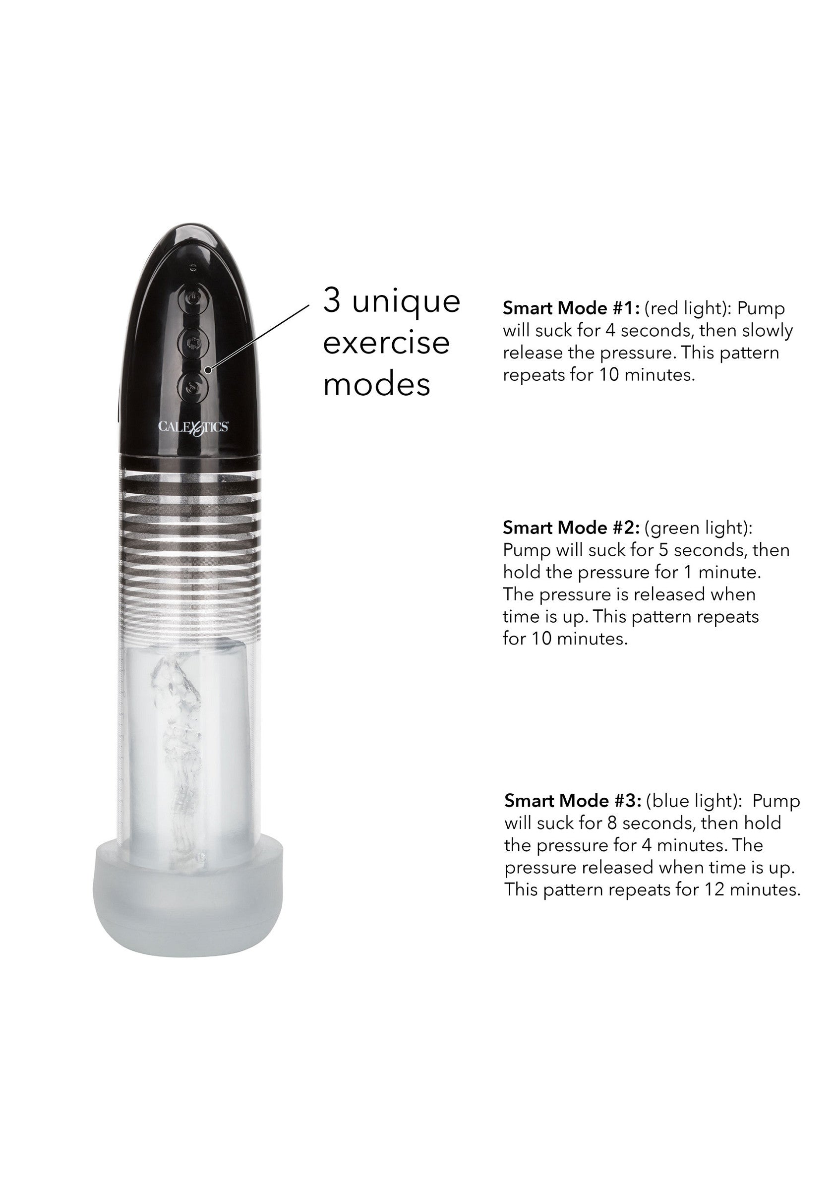 Stimulateur masculin avec 3 modes d'exercices uniques pour une expérience personnalisée et intense.; Stimulator voor mannen met 3 unieke oefenstanden voor een persoonlijke en intense ervaring.; Male stimulator featuring 3 unique exercise modes for a personalized, intense experience.