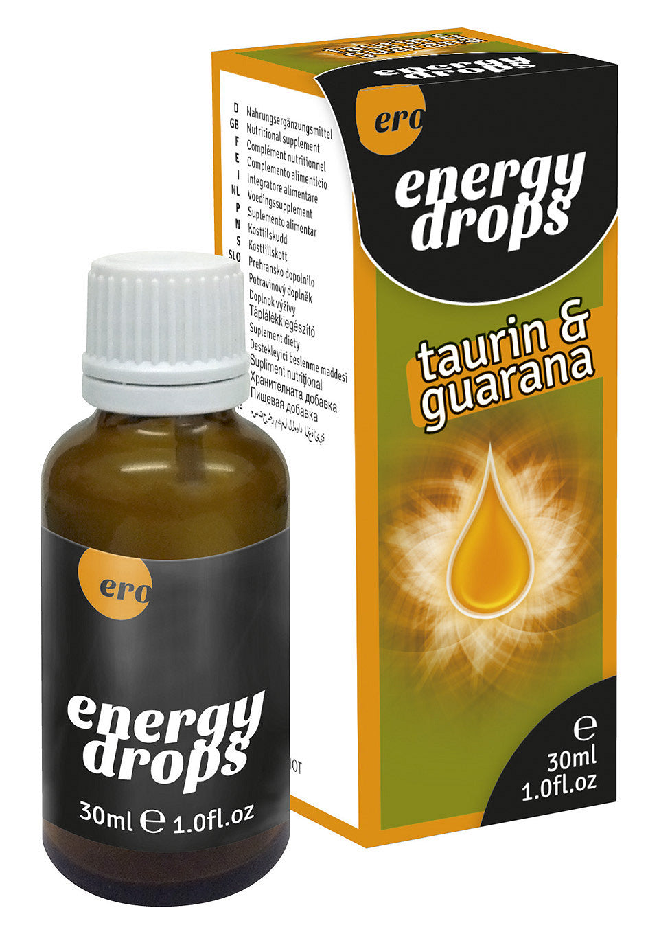 Ero energy drops taurine & guarana, complément alimentaire pour un regain d'énergie. 30ml.; Ero energy drops taurine & guarana, voedingssupplement voor meer energie. 30ml.; Ero energy drops taurine & guarana, food supplement for an energy boost. 30ml.