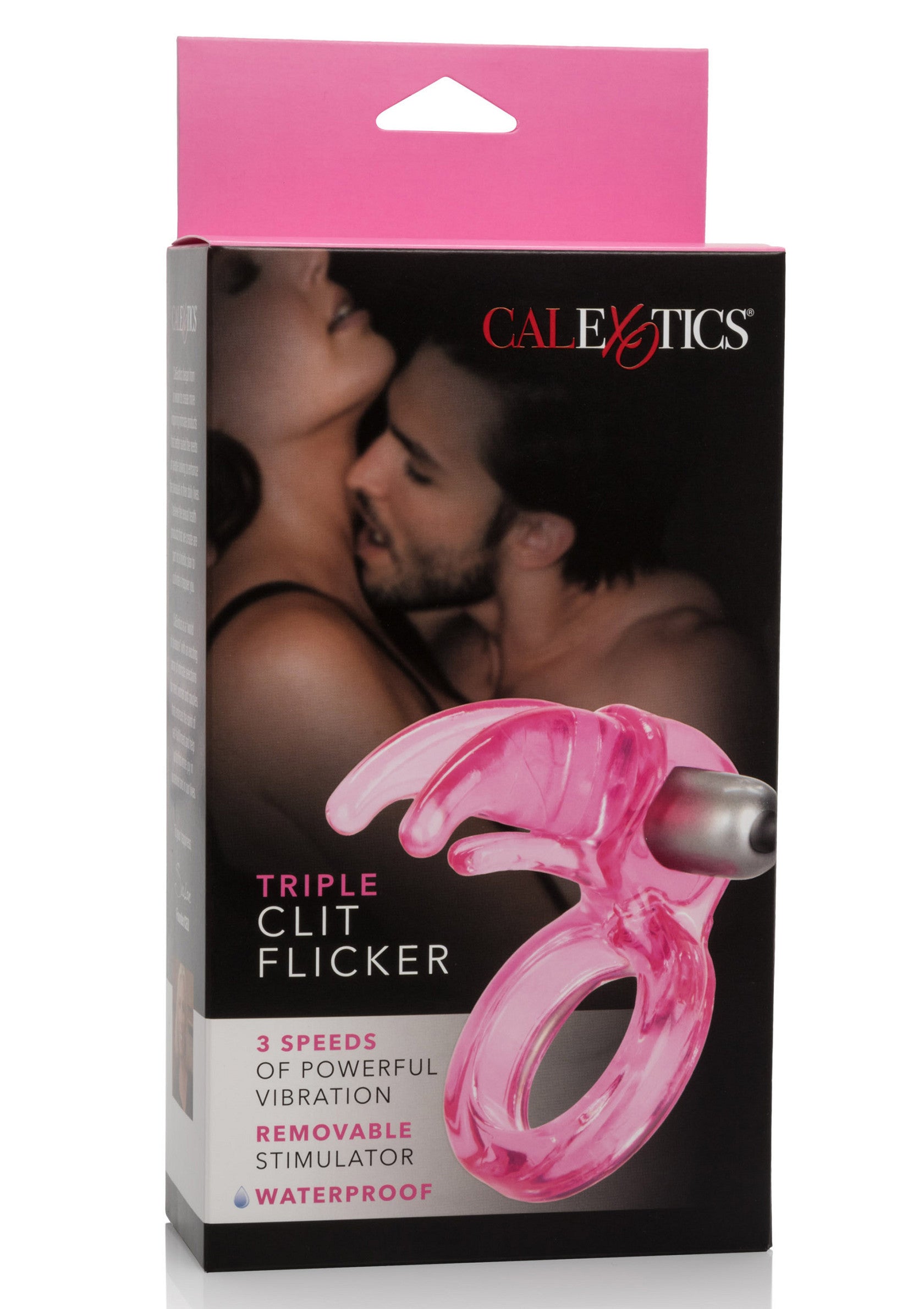 CalExotics Triple Clit Flicker : stimulateur vibrant avec 3 vitesses, amovible et étanche. Pour le plaisir intense.; CalExotics Triple Clit Flicker: vibrerende stimulator met 3 snelheden, verwijderbaar & waterdicht. Voor intens genot.; CalExotics Triple Clit Flicker: vibrating stimulator with 3 speeds, removable & waterproof. For intense pleasure.