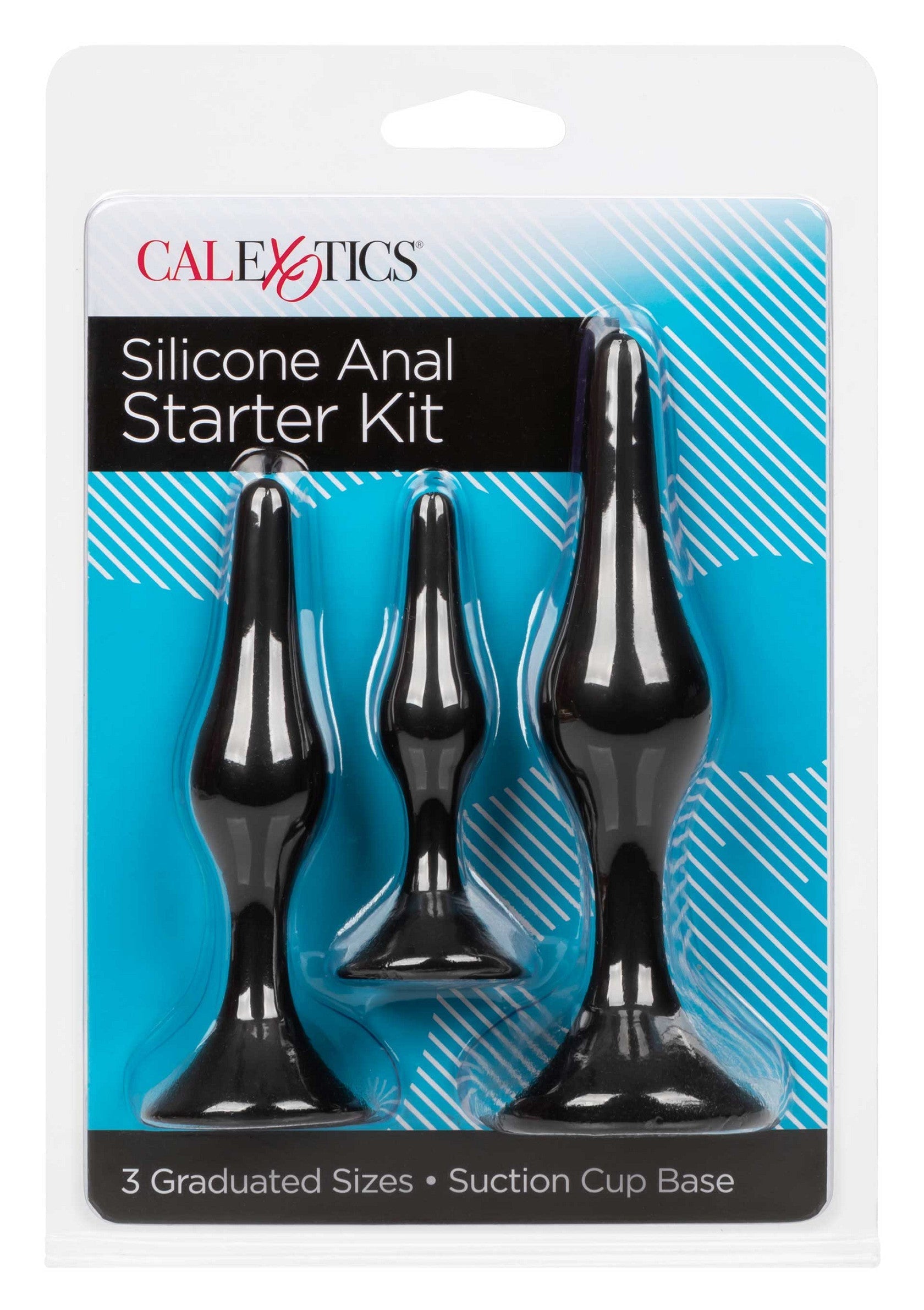 Kit de démarrage anal en silicone CalExotics. 3 tailles graduées avec base à ventouse.; CalExotics siliconen anale starter kit. 3 oplopende maten met zuignapbasis.; CalExotics silicone anal starter kit. 3 graduated sizes with suction cup base.