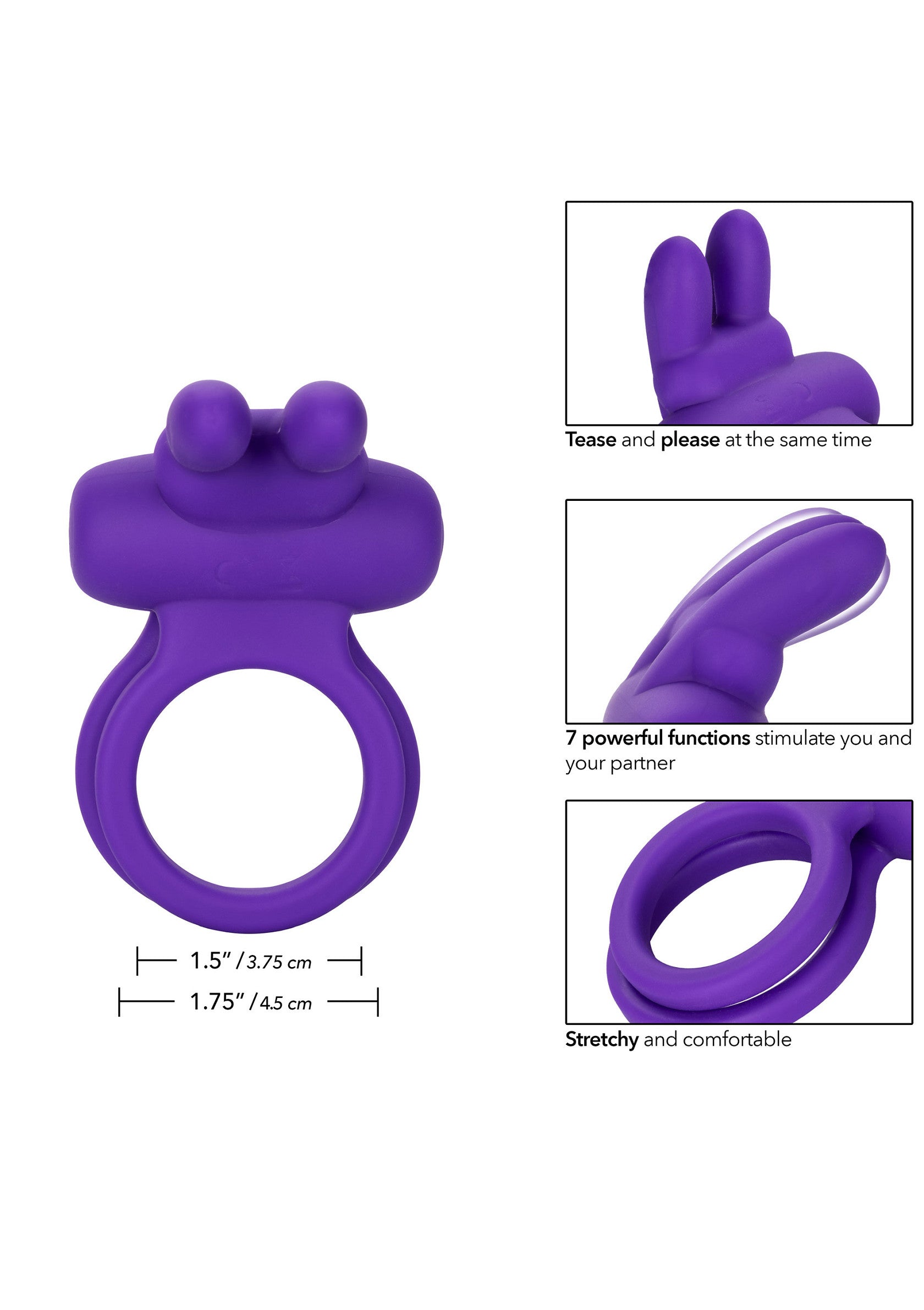 Anneau vibrant violet pour homme, extensible et confortable. 7 fonctions puissantes pour le plaisir partagé.; Paarse vibrerende penisring voor mannen, rekbaar en comfortabel. 7 krachtige functies voor gedeeld plezier.; Purple vibrating cock ring for men, stretchy and comfortable. 7 powerful functions for shared pleasure.