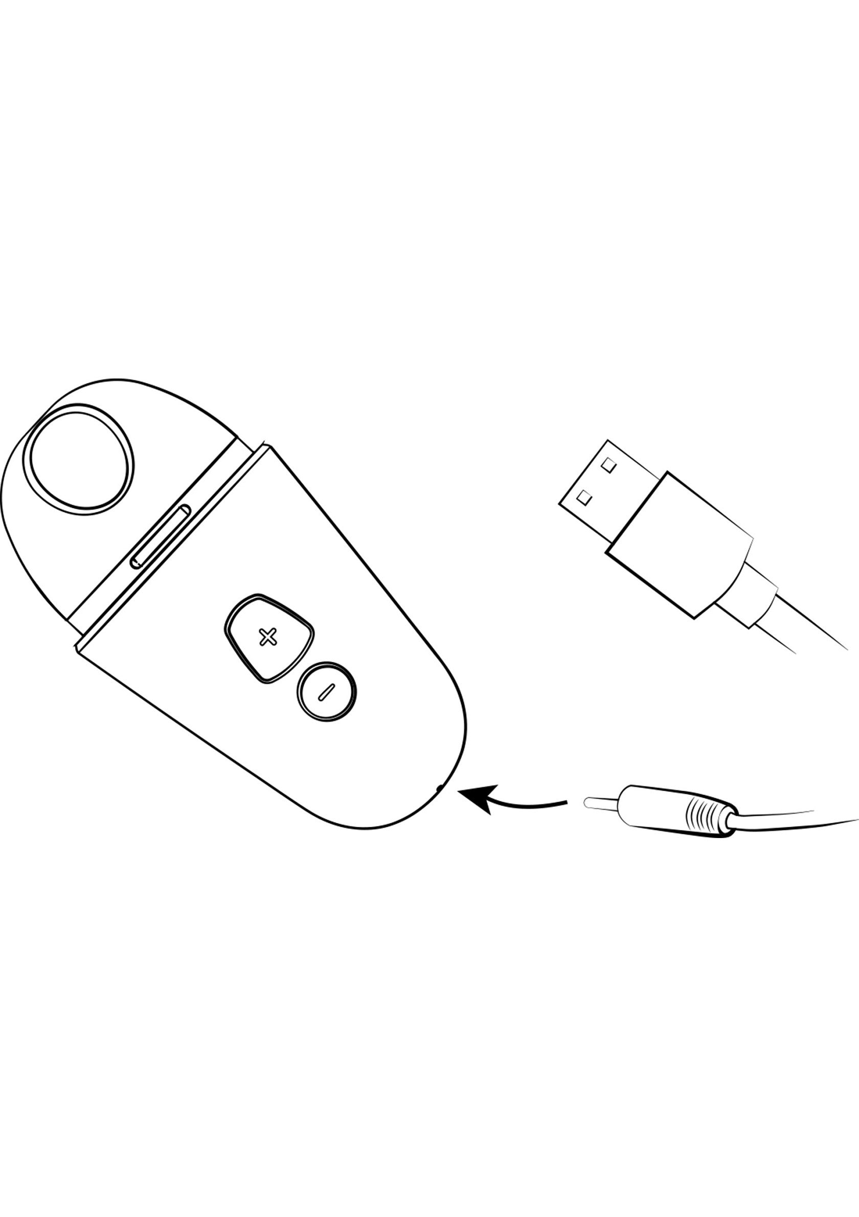 Appareil électronique avec un câble de charge USB et un câble jack. Idéal pour la maison ou en déplacement.; Elektronisch apparaat met USB-oplaadkabel en jackkabel. Ideaal voor thuis of onderweg.; Electronic device with USB charging cable and jack cable. Ideal for home or on the go.