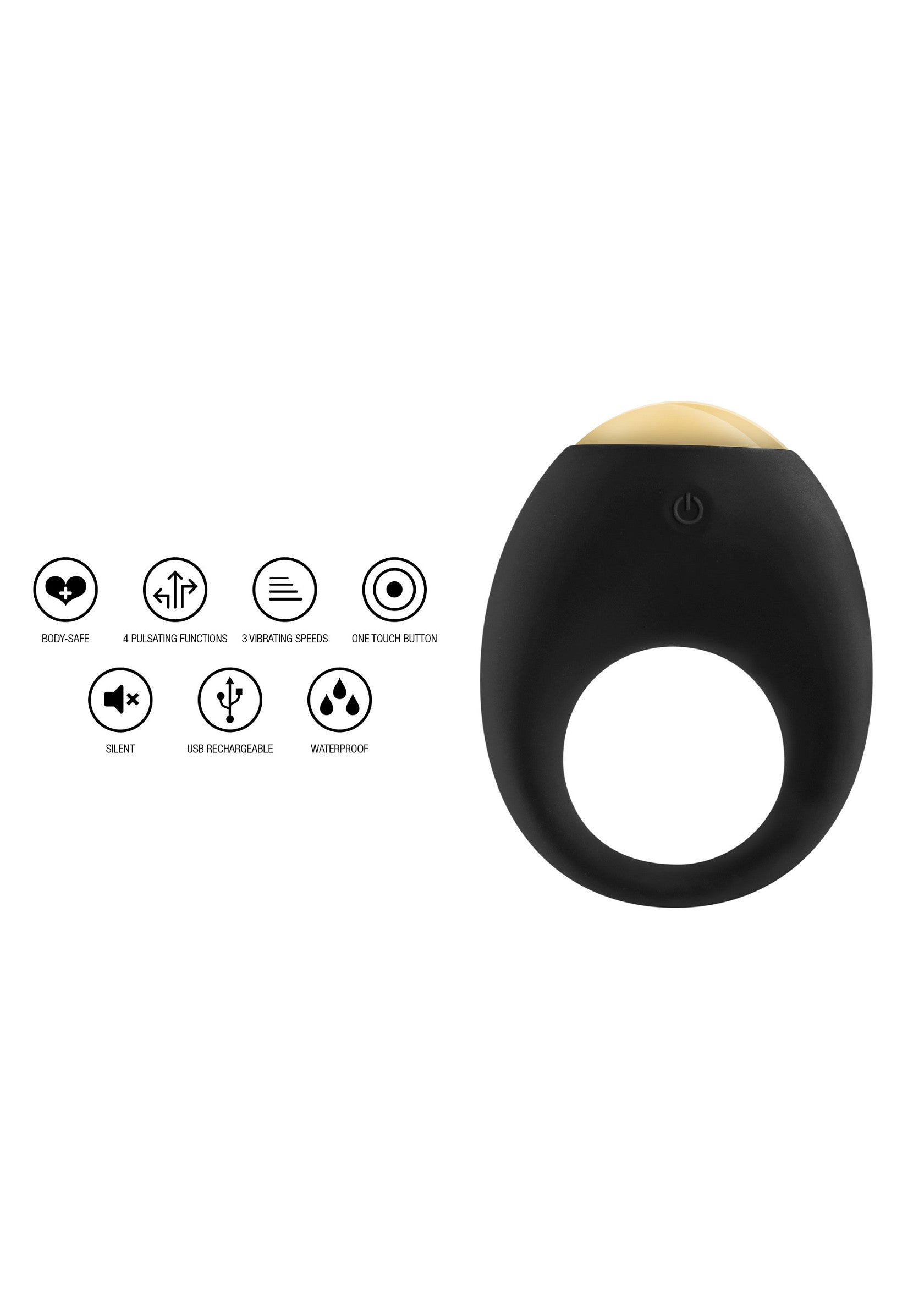 Anneau vibrant noir et or avec diverses fonctions. Discret, rechargeable USB et étanche.; Zwarte en gouden vibrerende ring met diverse functies. Discreet, USB oplaadbaar en waterdicht.; Black and gold vibrating cock ring with various functions. Discreet, USB rechargeable and waterproof.