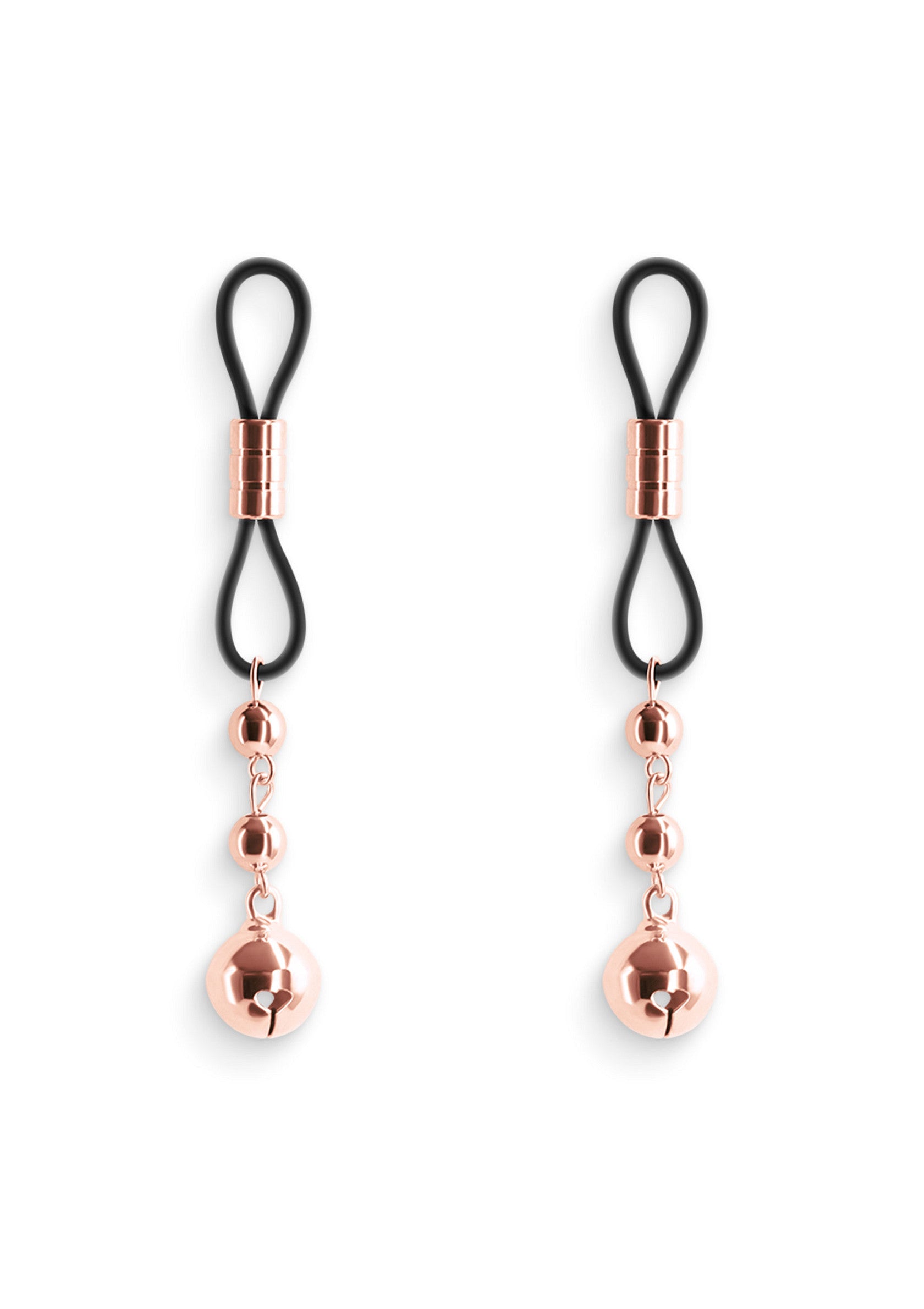 Pinces à tétons avec clochette dorée, bijou de corps érotique.; Tepelklemmen met gouden belletjes, erotisch sieraad.; Nipple clamps with golden bells, erotic body jewelry.
