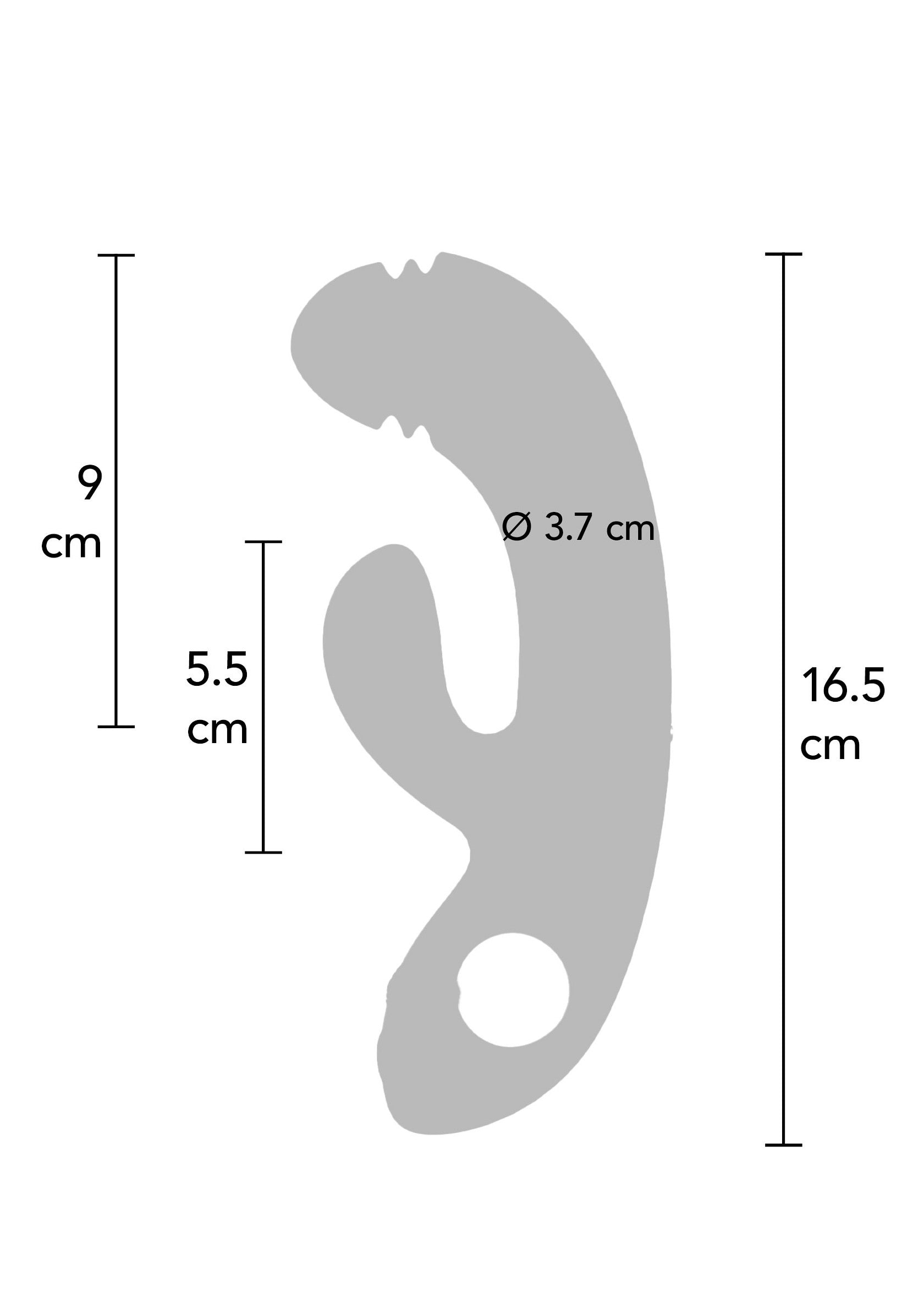 Schéma des dimensions d'un sextoy vibrant multi-points gris avec trou pour doigt et dimensions en centimètres.; Afmetingen diagram van een grijze multi-point vibrerende seksspeeltje met vingergat en afmetingen in centimeters.; Dimensions diagram of a gray multi-point vibrating sex toy with finger hole and dimensions in centimeters.