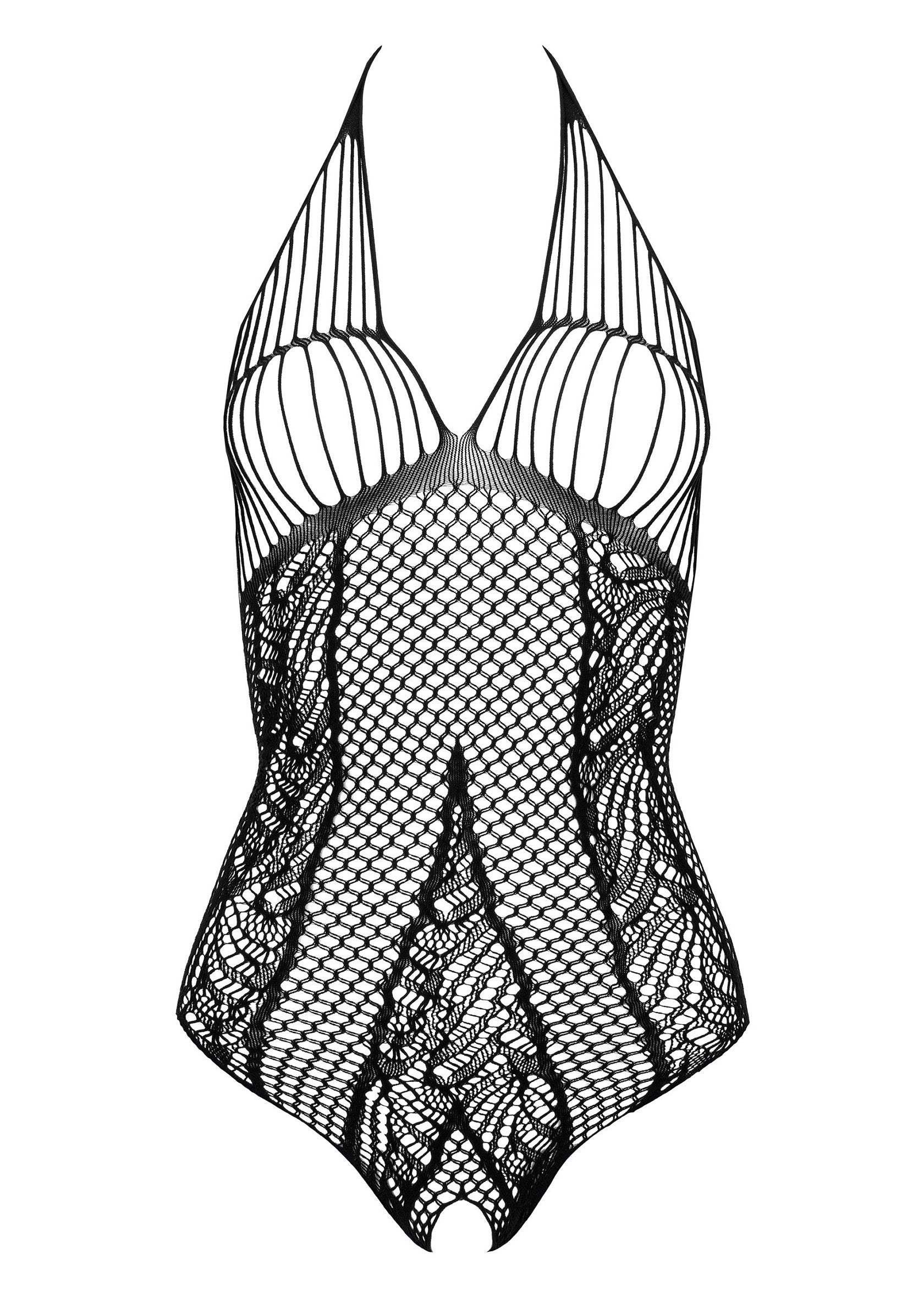 Body en résille noire à col halter, coupe échancrée, pour une allure séduisante et audacieuse.; Zwarte halter bodysuit van visnet met hoge uitsnijding voor een sexy en gedurfde look.; Black fishnet halter bodysuit with high cut for a sexy and daring look.