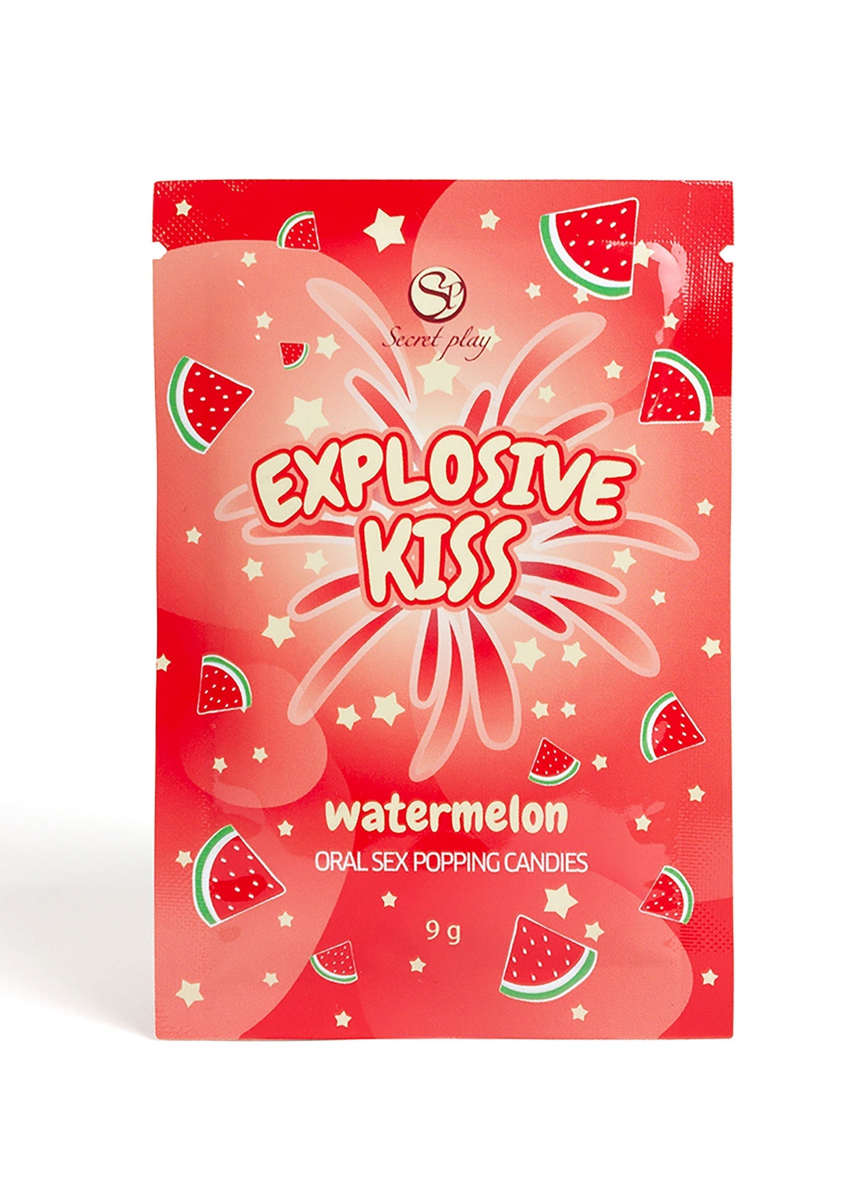 Explosive Kiss : Bonbons pétillants pour des moments intimes. Goût pastèque rafraîchissant pour une expérience unique !; Explosive Kiss: Knisperende snoepjes voor intieme momenten. Verfrissende watermeloensmaak voor een unieke ervaring!; Explosive Kiss: Popping candies for intimate moments. Refreshing watermelon flavor for a unique experience! Secret Play.