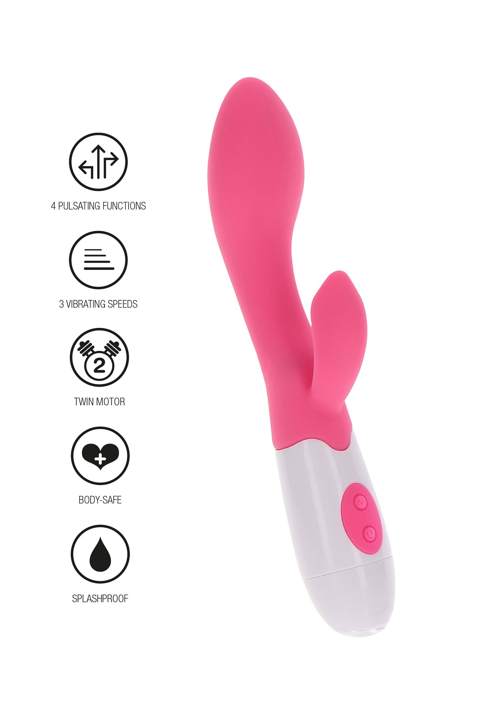 Vibromasseur rose et blanc, idéal pour le plaisir personnel. Plusieurs modes de vibration et étanche.; Roze en witte vibrator, ideaal voor persoonlijk plezier. Verschillende vibratiestanden en spatwaterdicht.; Pink and white vibrator, perfect for personal pleasure. Multiple vibration modes and splashproof.