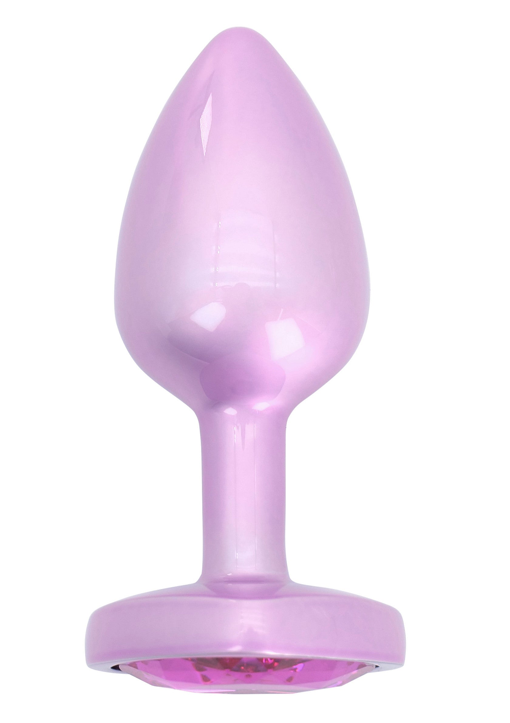 Plug anal en silicone rose nacré avec bijou. Pour le plaisir anal en douceur.; Parelmoer roze siliconen buttplug met juweel. Voor zacht anaal genot.; Pearlescent pink silicone butt plug with jewel. For gentle anal pleasure.