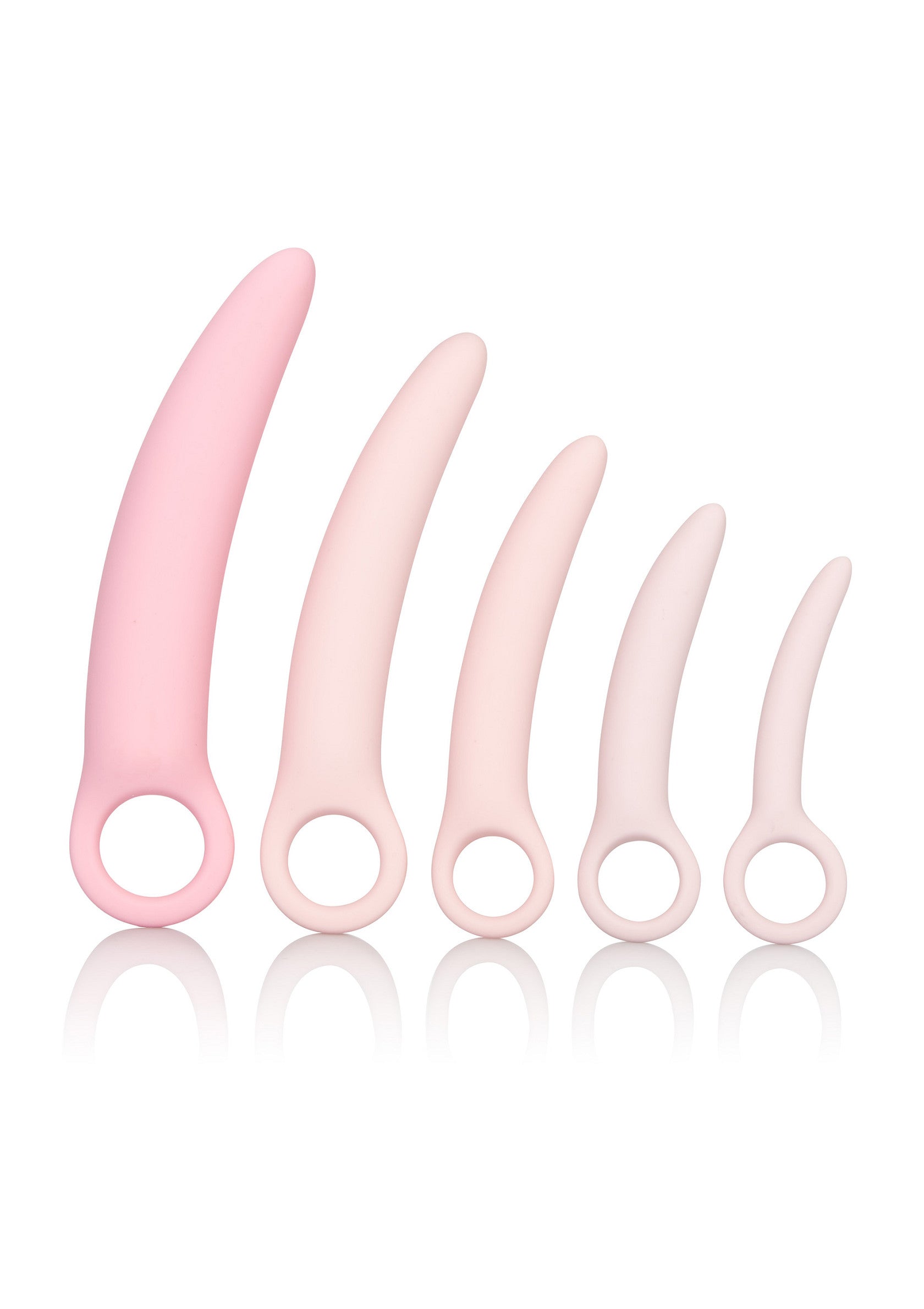 Ensemble de 5 stimulateurs prostatiques roses de tailles différentes pour le plaisir masculin.; Set van 5 roze prostaatstimulators in verschillende maten voor mannelijk genot.; Set of 5 pink prostate massagers in different sizes for male pleasure.