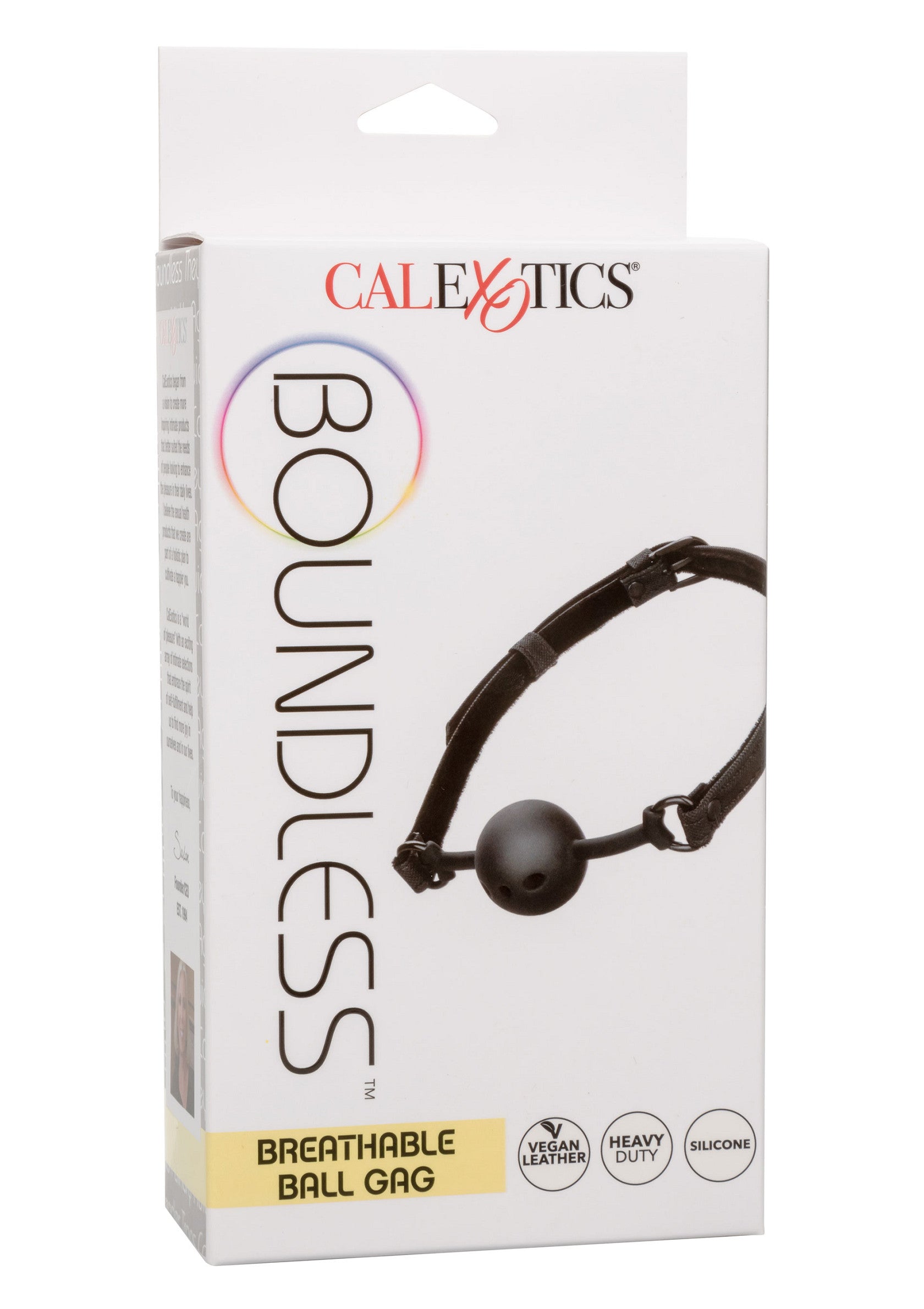 Bâillon buccal Calexotics Boundless pour un jeu coquin en toute sécurité. Végan, résistant, en silicone.; Calexotics Boundless ball gag voor veilig en speels bondage. Vegan, duurzaam en van siliconen.; Calexotics Boundless ball gag for safe and playful bondage. Vegan leather, heavy duty, silicone.
