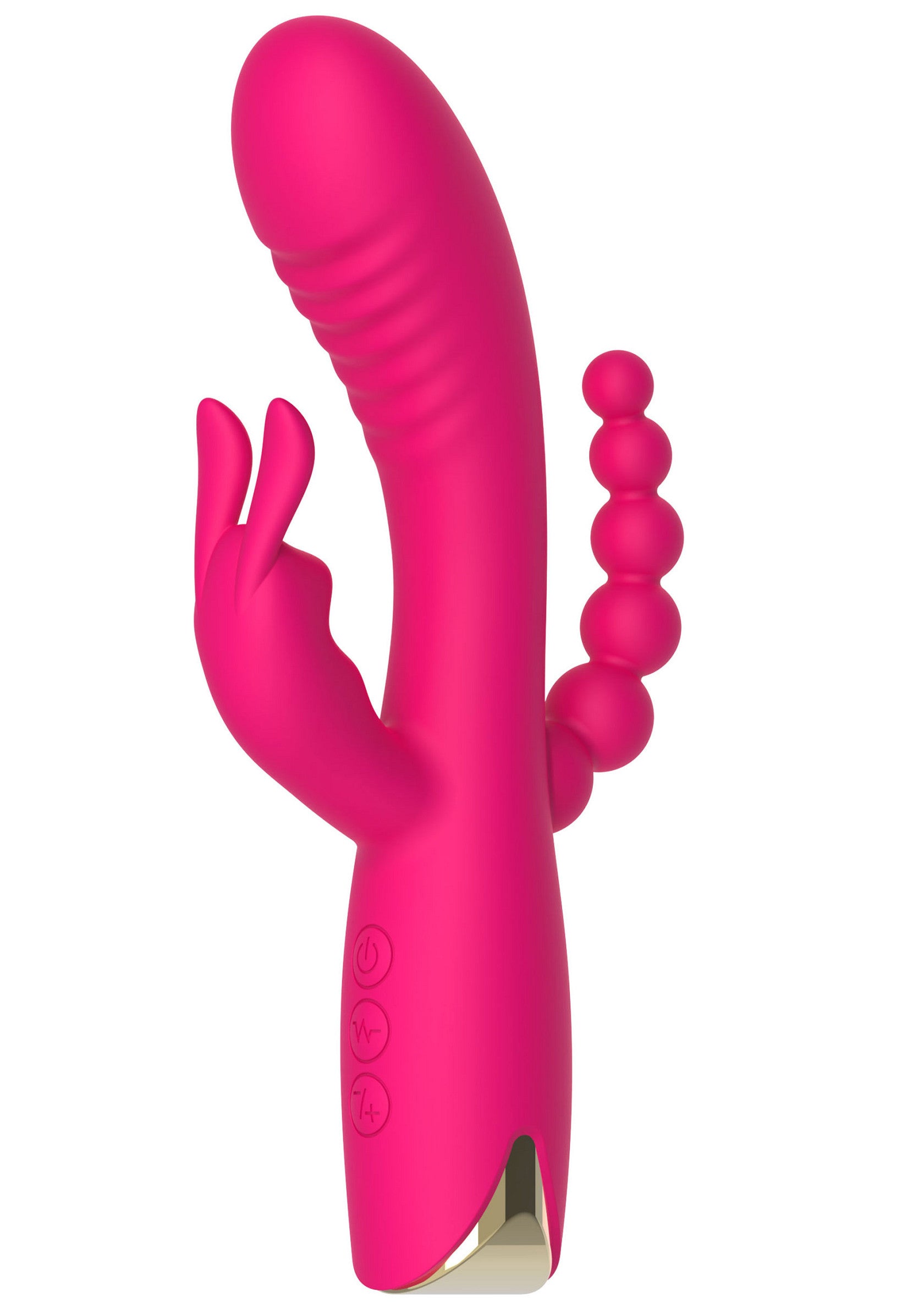Vibromasseur rose avec stimulation du point G, du clitoris et des perles anales pour un plaisir intense et varié.; Roze vibrator met G-spot-, clitoris- en anale parelstimulatie voor intens en gevarieerd plezier.; Pink vibrator featuring G-spot, clitoral, and anal bead stimulation for intense and varied pleasure.