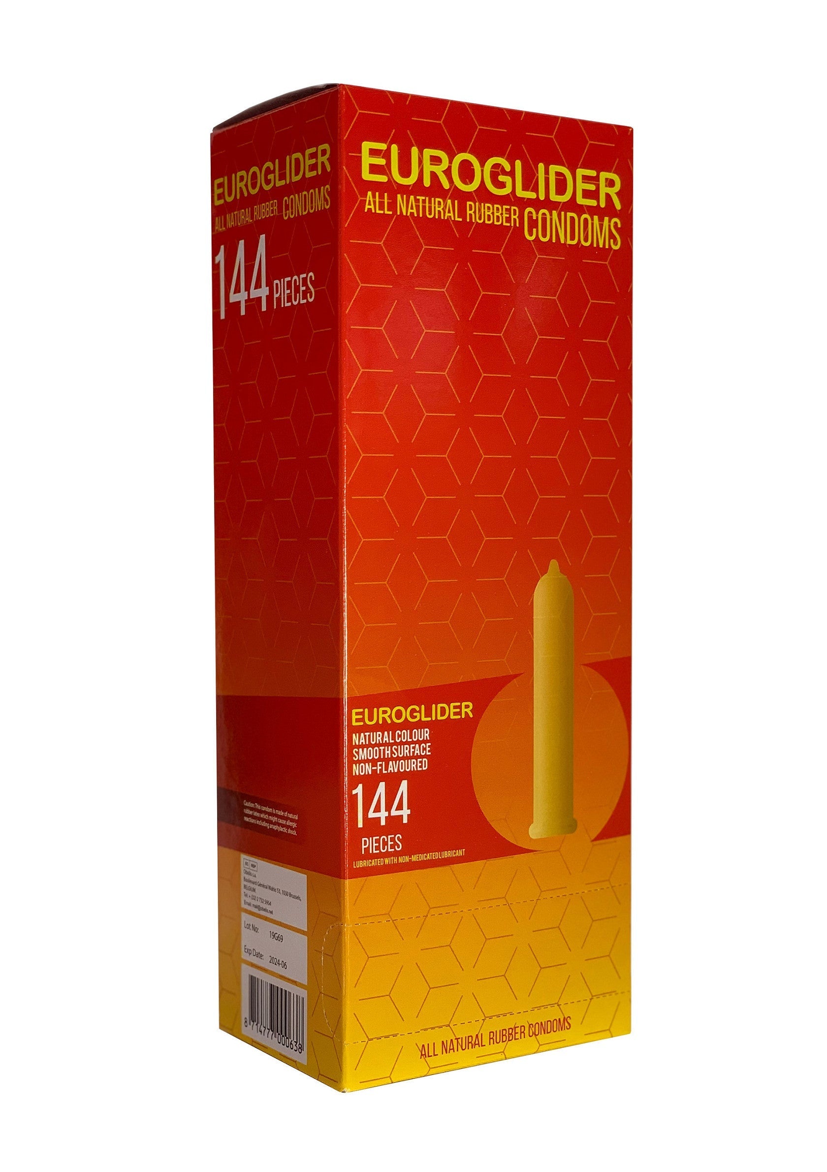 Préservatifs Euroglider en caoutchouc naturel, boîte de 144. Protection sûre et fiable pour une tranquillité d'esprit assurée.; Euroglider condooms van natuurlijk rubber, doos met 144 stuks. Veilige bescherming voor gemoedsrust.; Euroglider natural rubber condoms, 144 count box. Safe protection and peace of mind.
