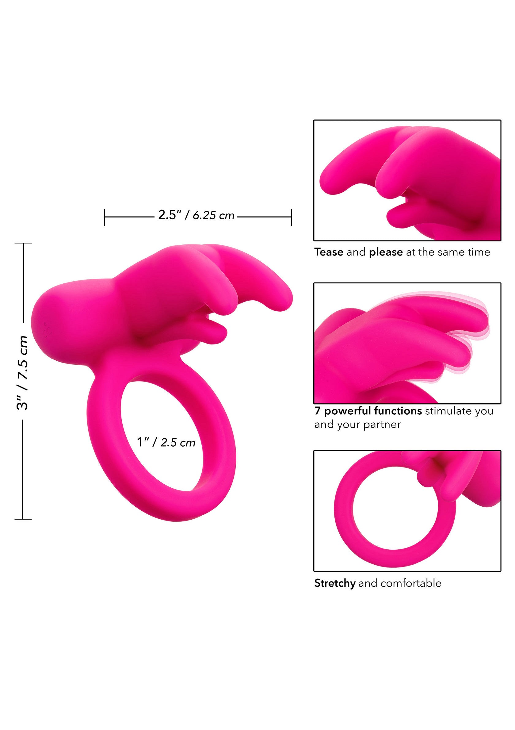 Anneau vibrant rose pour couple. 7 modes de stimulation, extensible et confortable. Pour des moments intimes intenses !; Roze vibrerende ring voor koppels. 7 stimulatiestanden, rekbaar en comfortabel. Voor intense intieme momenten!; Pink vibrating cock ring for couples. 7 stimulation modes, stretchy and comfortable. For intense intimate moments!
