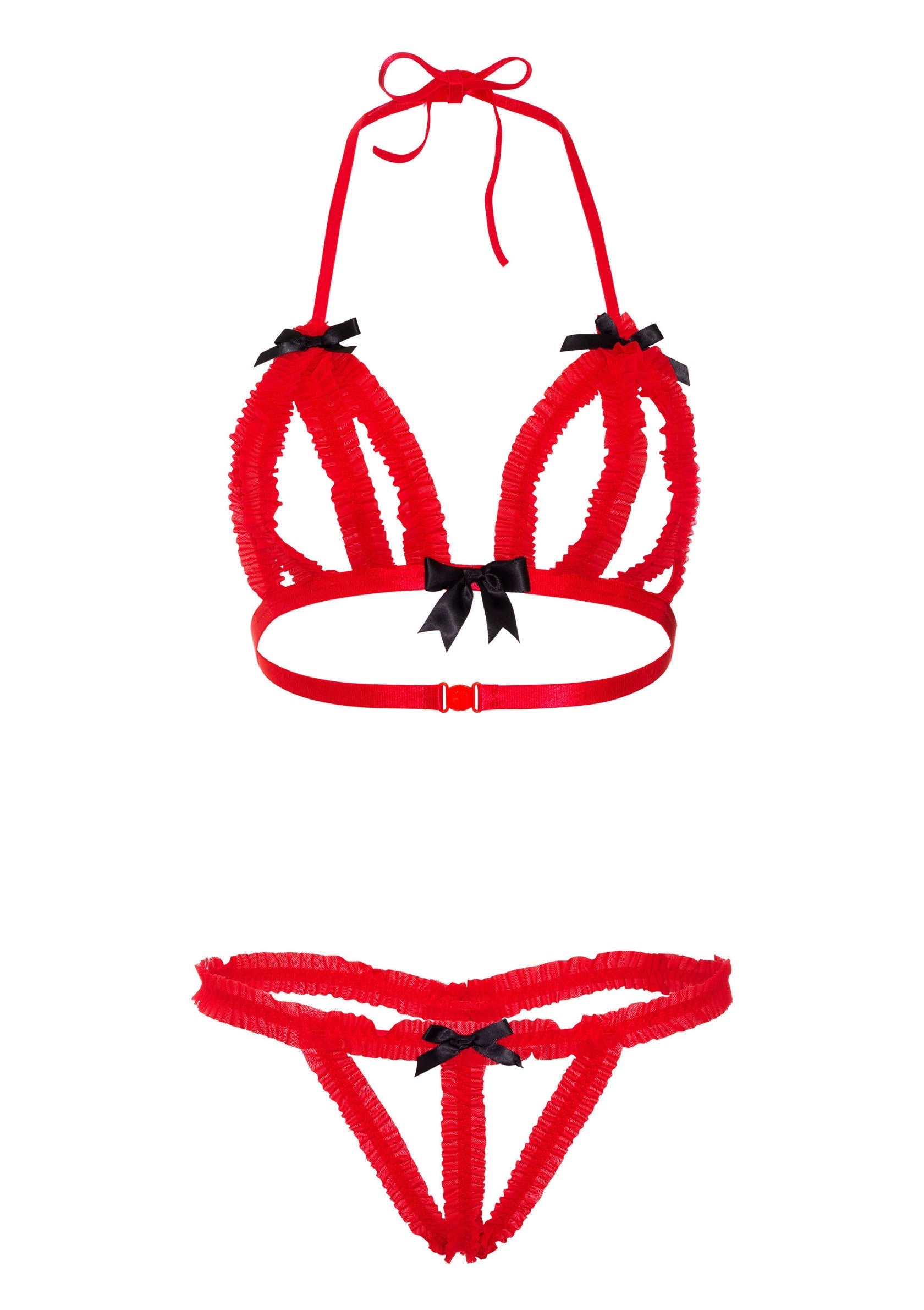 Ensemble de lingerie rouge séduisant avec des détails de ruban noir.; Verleidelijke rode lingerie set met zwarte lintdetails.; Seductive red lingerie set with black ribbon details.