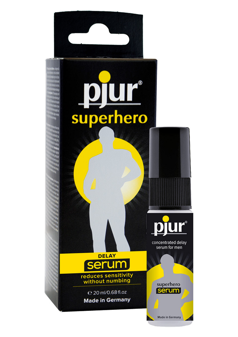 Sérum retardateur Pjur Superhero pour hommes. Prolongez le plaisir sans engourdissement. Disponible ici.; Pjur Superhero vertragingsserum voor mannen. Verleng het plezier zonder verdoving. Hier verkrijgbaar.; Pjur Superhero delay serum for men. Extend the pleasure without numbing. Available here.