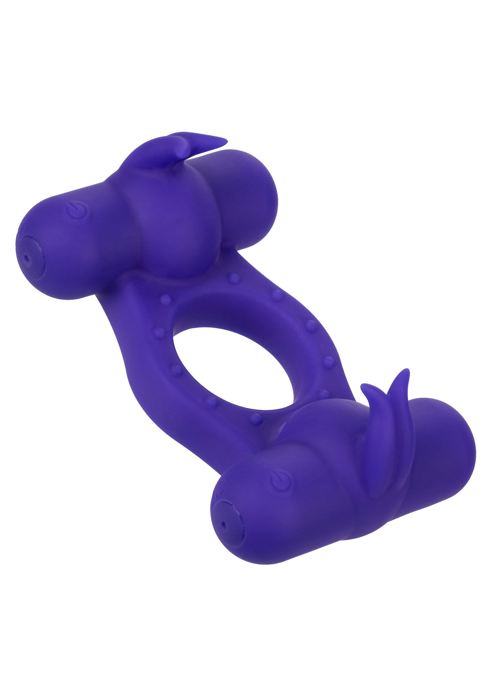 Anneau vibrant pénien double en silicone violet pour des sensations intenses et un plaisir partagé.; Paarse siliconen dubbele vibrerende penisring voor intense sensaties en gedeeld plezier.; Purple silicone double vibrating cock ring for intense sensations and shared pleasure.