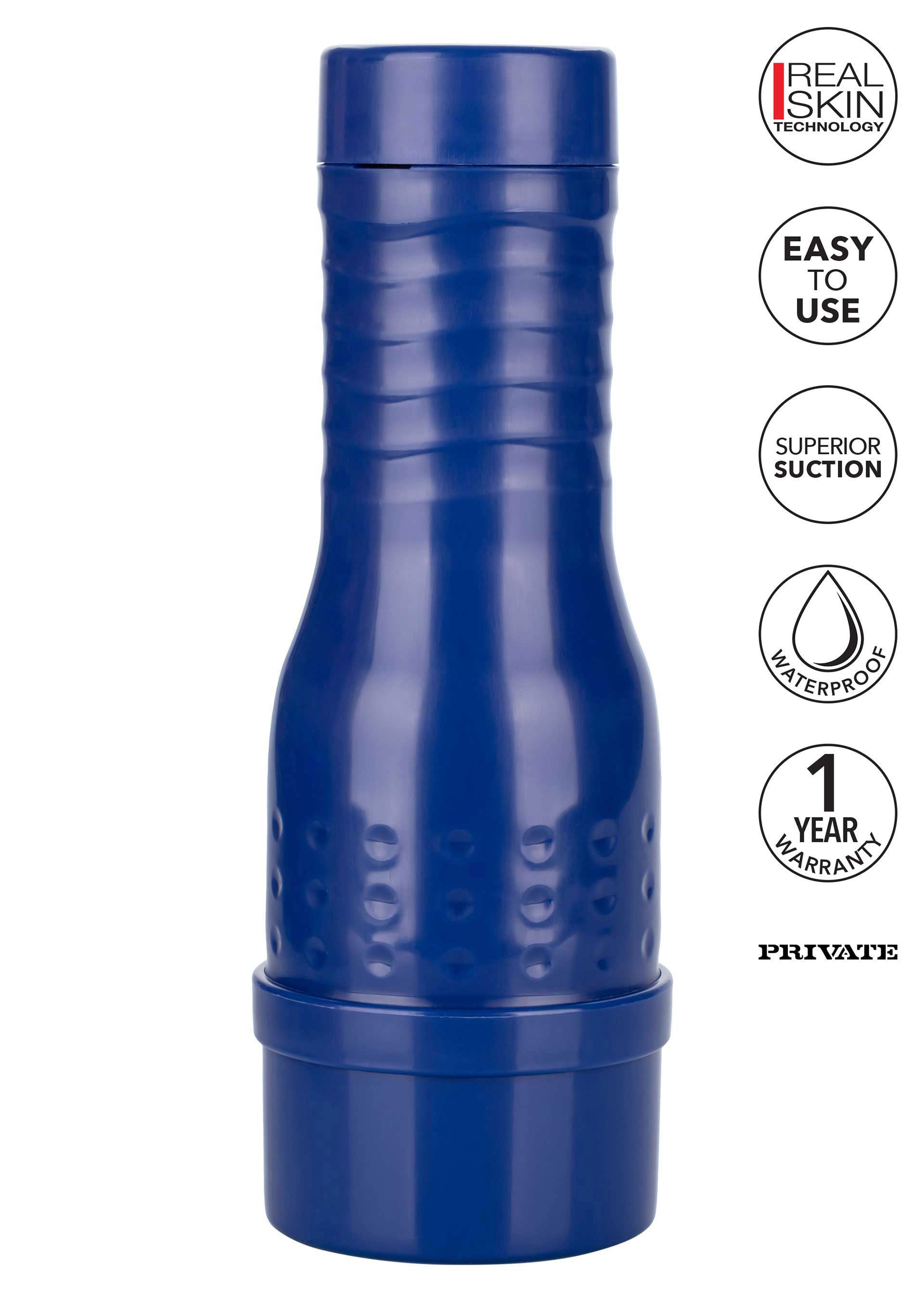 Manchon de plaisir bleu pour homme, facile à utiliser, étanche et avec une garantie d'un an. Pour une expérience intime.; Blauwe masturbator voor mannen, gemakkelijk te gebruiken, waterdicht en met een jaar garantie. Voor een intieme ervaring.; Blue male masturbator sleeve, easy to use, waterproof and with a one-year warranty. For an intimate experience.