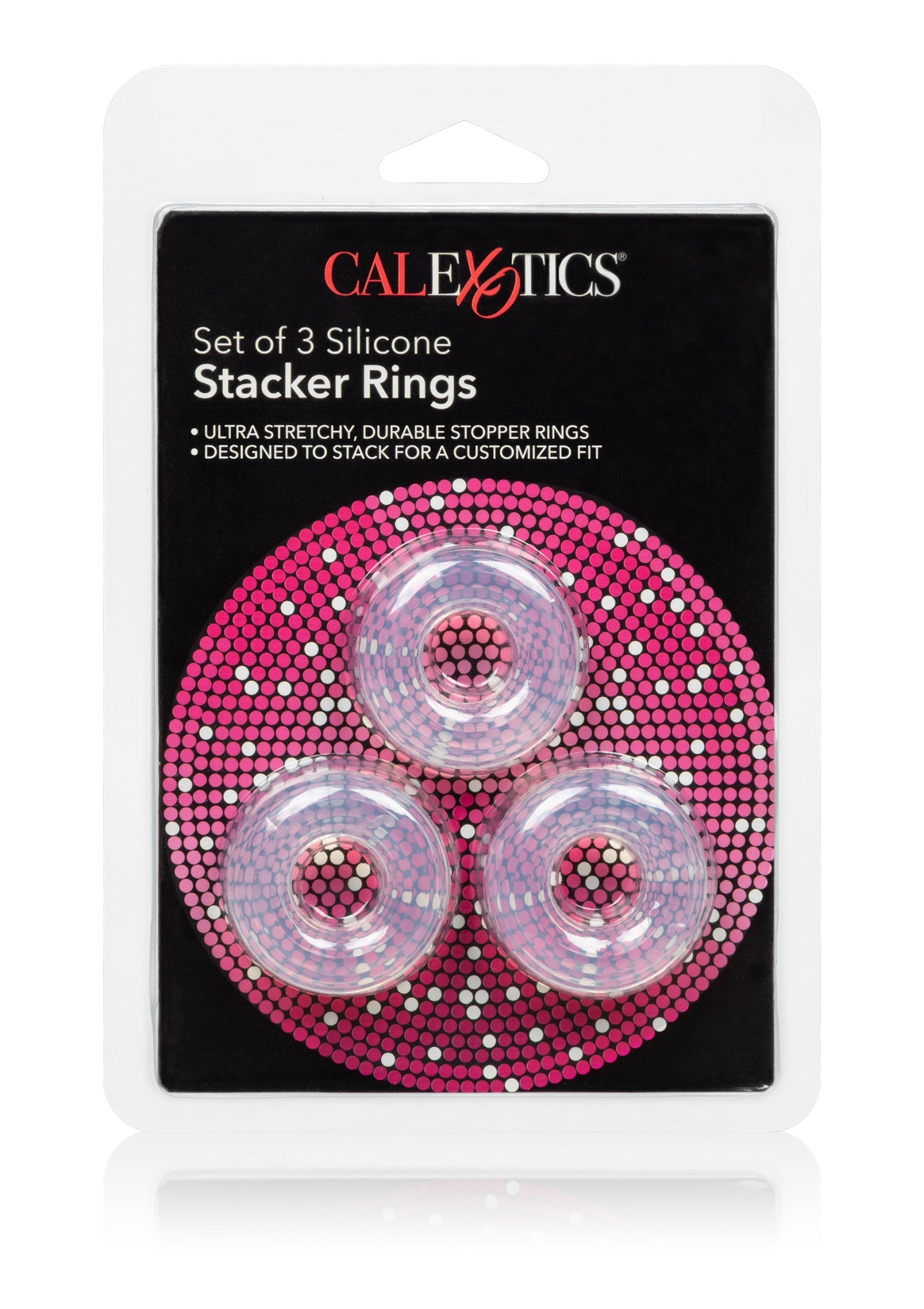 Anneaux Stacker en silicone CalExotics. Jeu de 3 anneaux étirables pour un ajustement personnalisé. ; CalExotics Silicone Stacker Ringen. Set van 3 rekbare ringen voor een aangepaste pasvorm. ; CalExotics Silicone Stacker Rings. Set of 3 stretchy rings for a customized fit. 