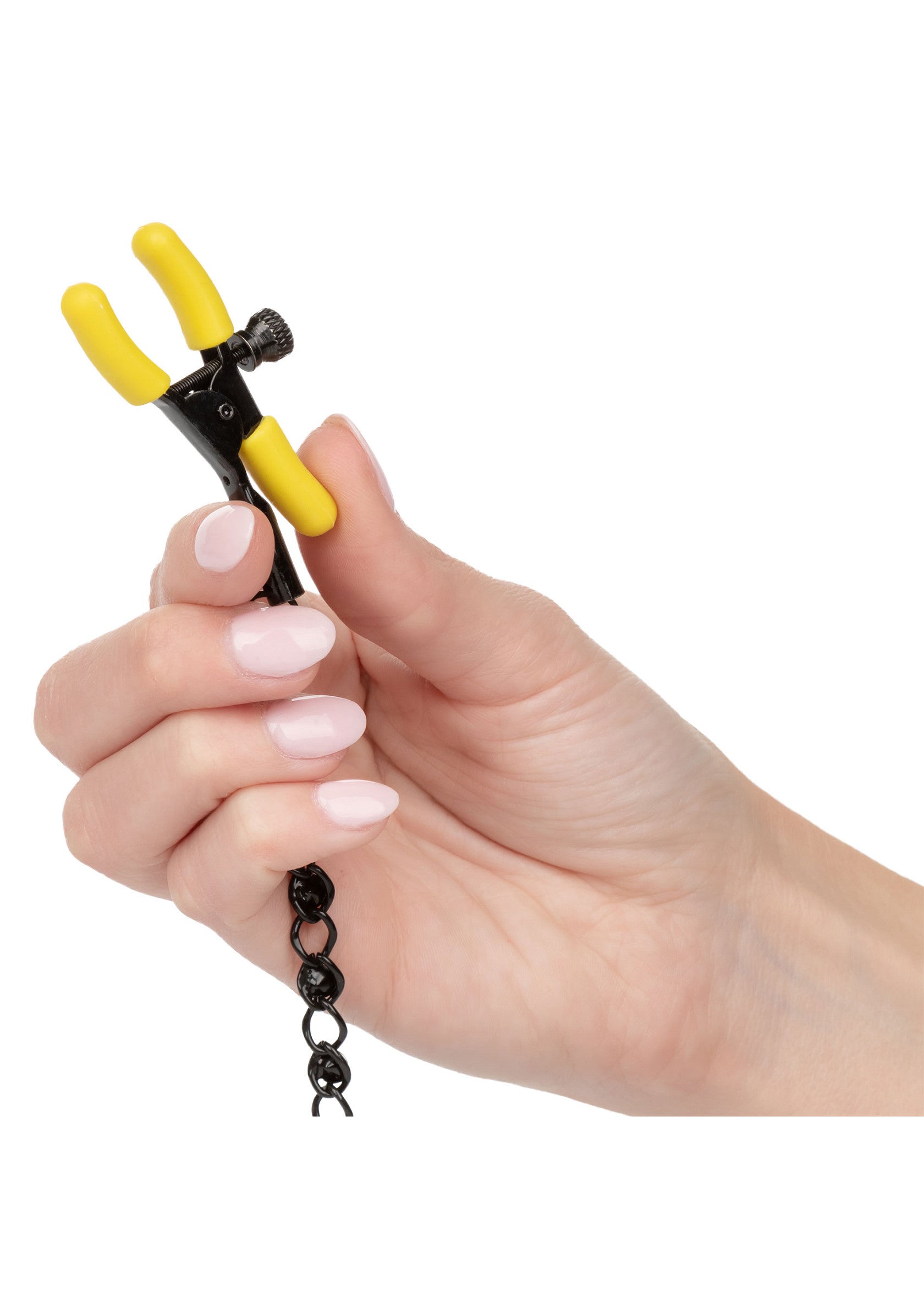 Pinces à tétons avec chaîne, pour des sensations intenses et réglables. Découvrez le plaisir en toute sécurité.; Tepelklemmen met ketting voor intense, aanpasbare sensaties. Ontdek veilig plezier.; Nipple clamps with chain for intense, adjustable sensations. Explore pleasure safely.