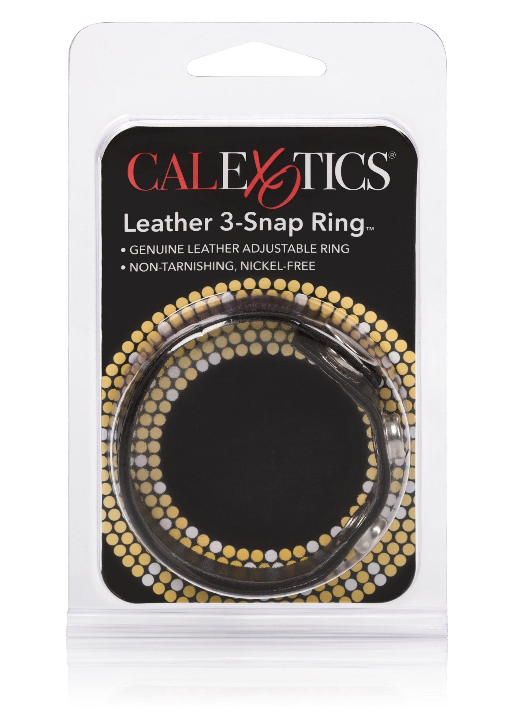 Anneau en cuir 3-Snap CalExotics : anneau réglable en cuir véritable, sans ternissement et sans nickel. ; CalExotics leren 3-snapring: verstelbare ring van echt leer, niet-aanslaand en nikkelvrij.; CalExotics Leather 3-Snap Ring: genuine leather adjustable ring, non-tarnishing, and nickel-free.