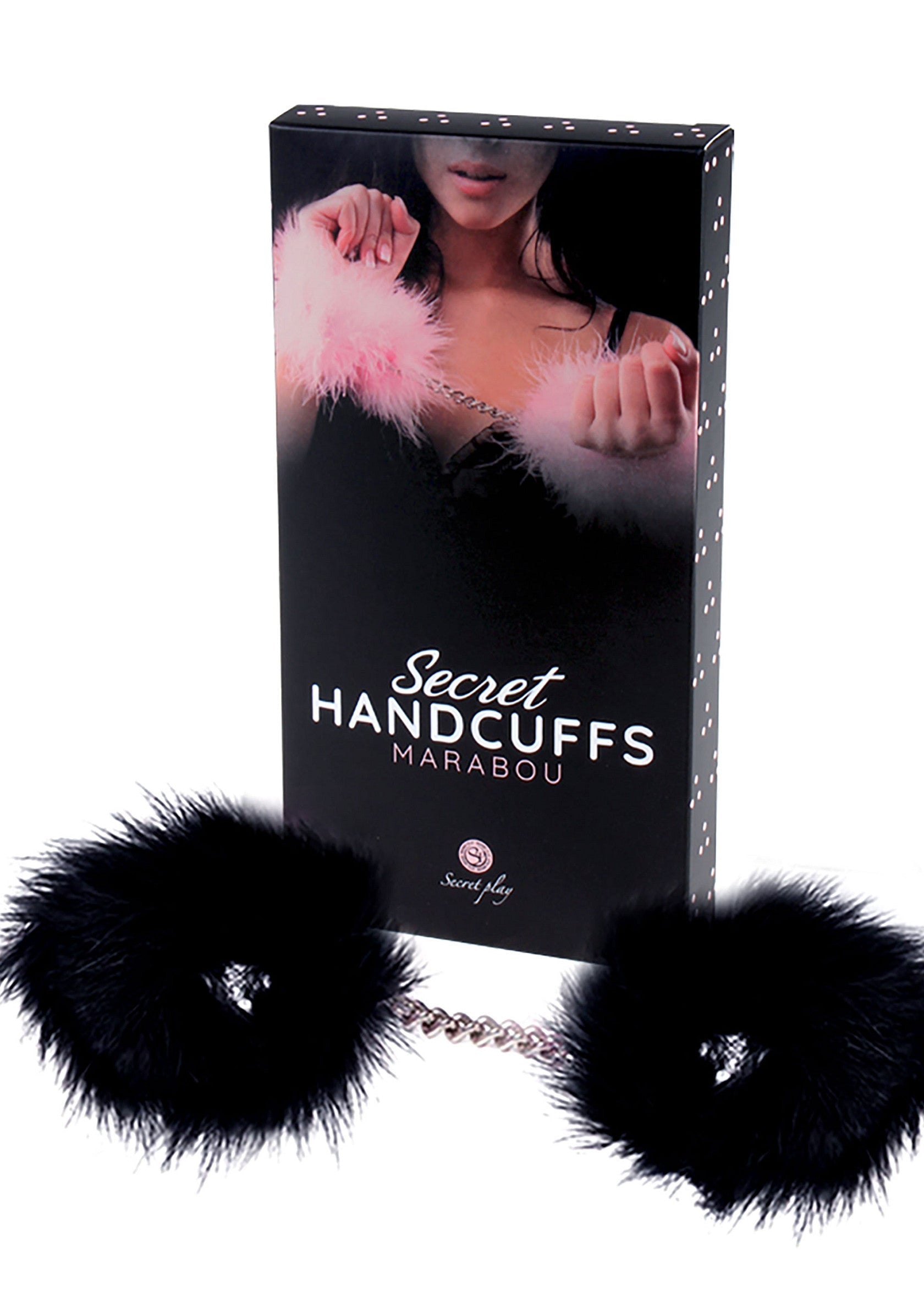 Menottes Secret Play Marabou noires et boîte illustrée. Accessoires coquins pour pimenter votre vie amoureuse.; Secret Play Marabou handboeien, zwart, met geïllustreerde doos. Speelse accessoires om uw liefdesleven op te fleuren.; Secret Play Marabou handcuffs, black, with illustrated box. Playful accessories to spice up your love life.
