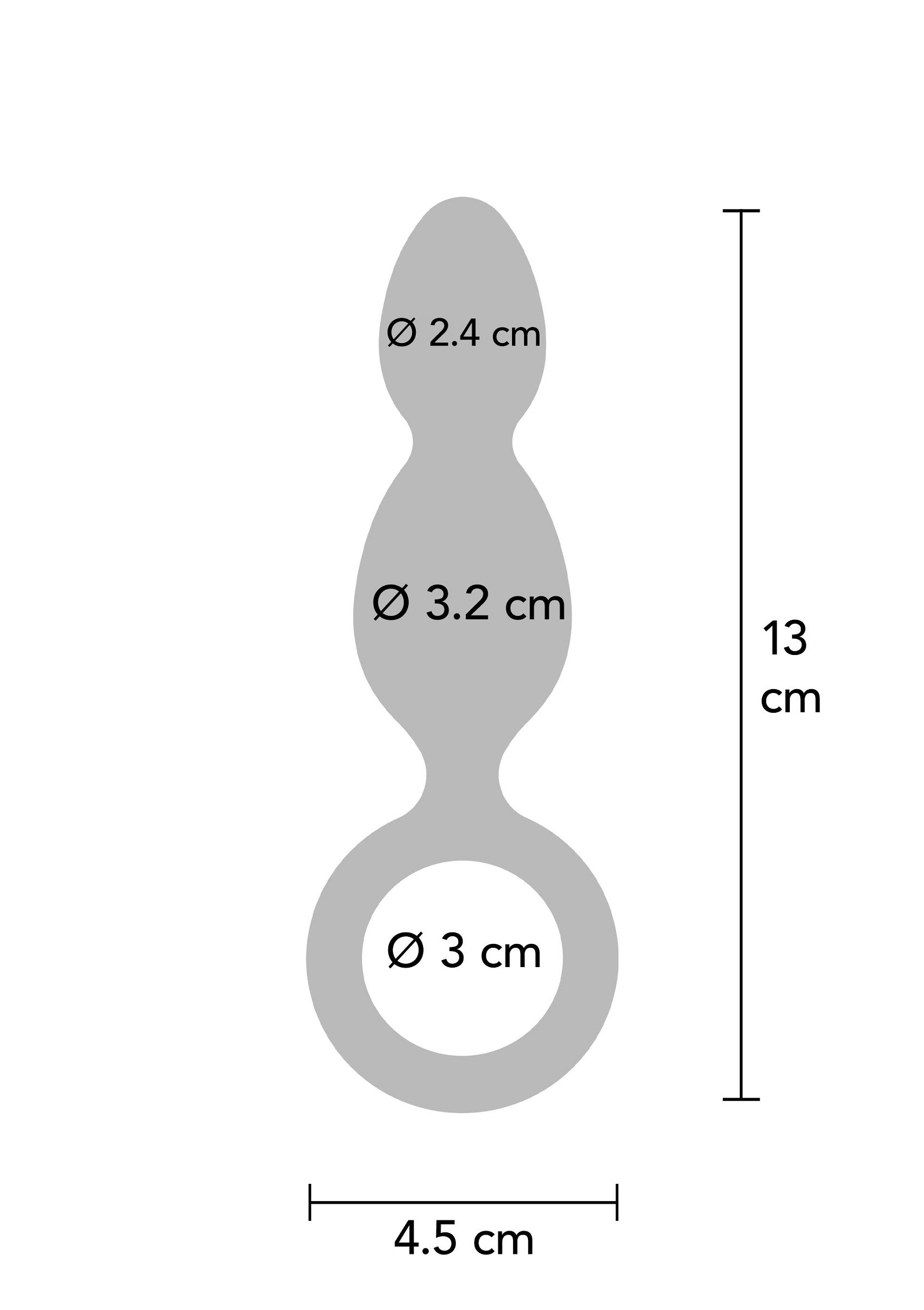 Dimensions du plug anal : 13cm de long, diamètre 2.4/3.2cm, base de 3cm. ; Afmetingen anale plug: 13cm lang, diameter 2.4/3.2cm, basis van 3cm.; Anal plug dimensions: 13cm long, diameter 2.4/3.2cm, base of 3cm.