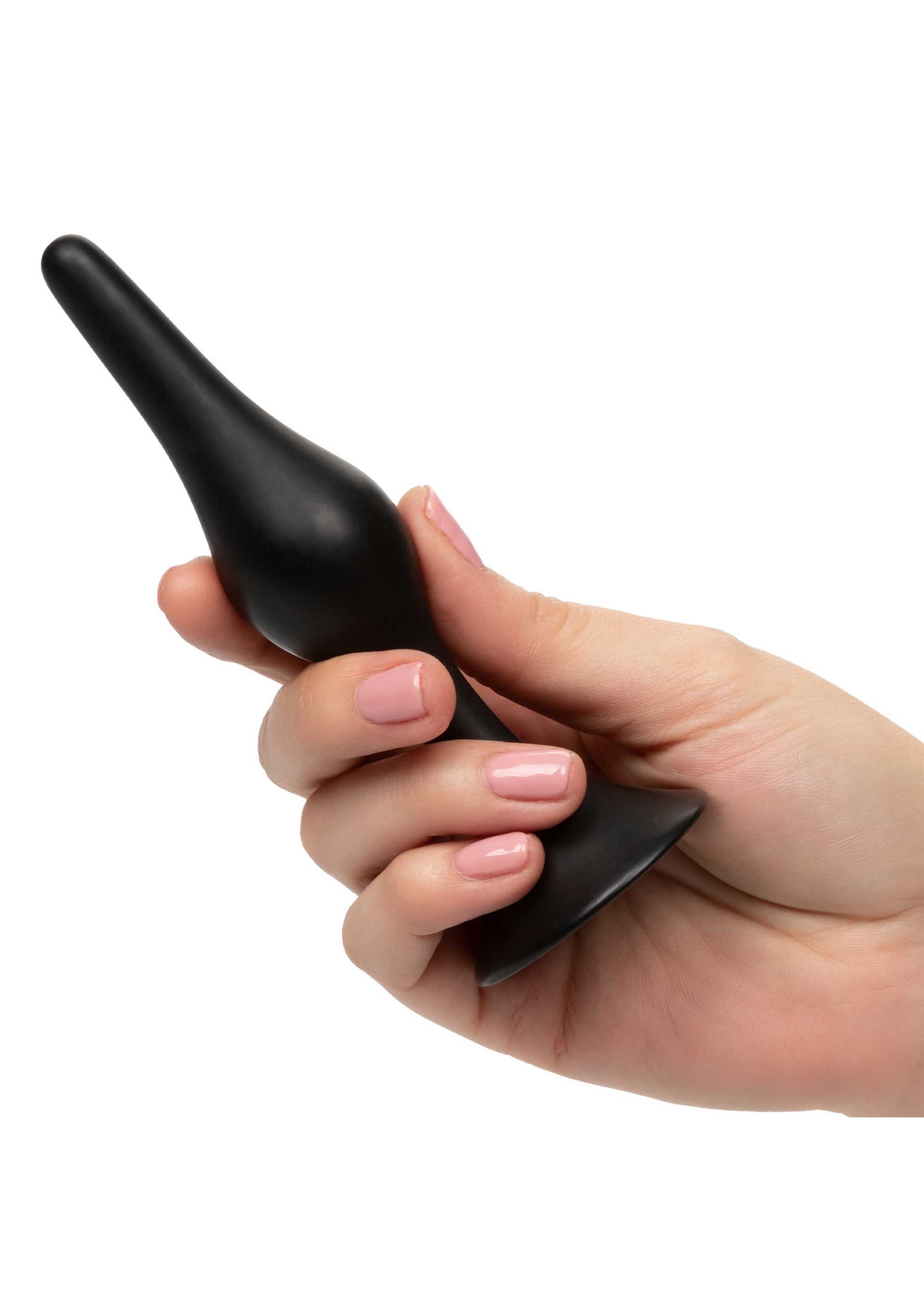 Plug anal noir tenu dans une main. Plaisir et exploration intime garantis.; Zwarte anale plug in de hand. Plezier en intieme verkenning gegarandeerd.; Black anal plug held in hand. Pleasure and intimate exploration guaranteed.