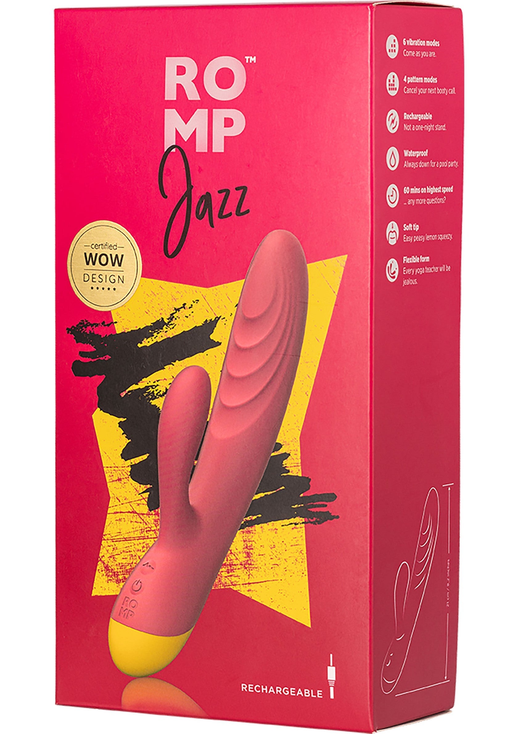 Romp Jazz vibromasseur double rose et jaune rechargeable. Jouet sexuel étanche avec 4 modes de vibration et doux au toucher.; ROMP Jazz dubbele vibrator roze en geel oplaadbaar. Waterdicht seksspeeltje met 4 vibratiestanden en zacht aanvoelend.; ROMP Jazz dual vibrator pink and yellow rechargeable. Waterproof sex toy with 4 vibration modes and soft to the touch.