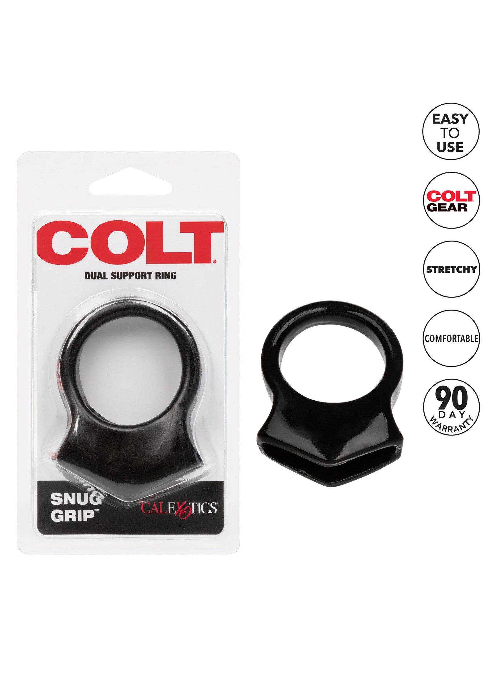 Anneau pénien Colt Snug Grip : confort, soutien et plaisir longue durée garantis. Facile à utiliser, extensible et durable.; Colt Snug Grip penisring: comfort, ondersteuning en langdurig plezier gegarandeerd. Makkelijk te gebruiken, rekbaar en duurzaam.; Colt Snug Grip cock ring: guaranteed comfort, support, & long-lasting pleasure. Easy to use, stretchy, & durable.